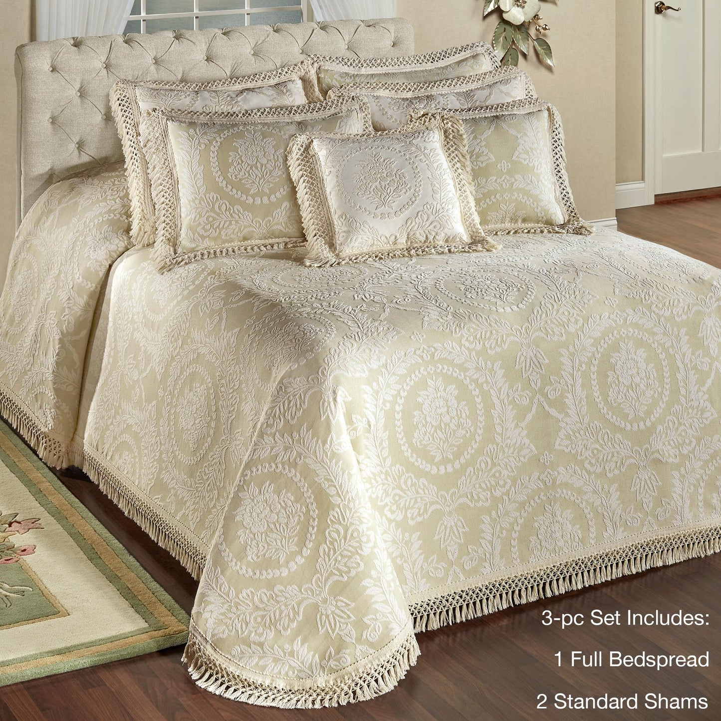 Timeless Vintage Style Bedding with Fringe Edges | Neutral Sage and Ecru | Textured Matelasse Rose Medallions and Leaves | 3-Pc Lightweight Bed Set: Oversized Full Bedspread & 2 Standard Pillow Shams