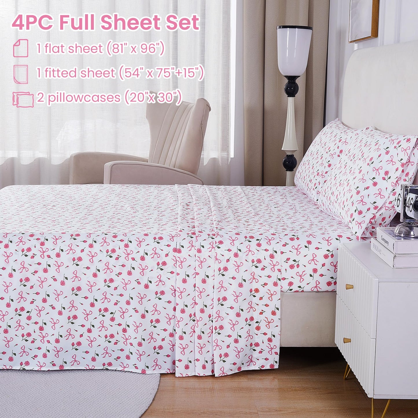 Softan Pink Floral Full Bed Sheets, Cozy Microfiber Flower Printed Sheets with 15" Deep Pocket Fitted Sheet & Non-Slip Straps, Patterned Pink Rose - Bow Sheets & Pillowcase Set