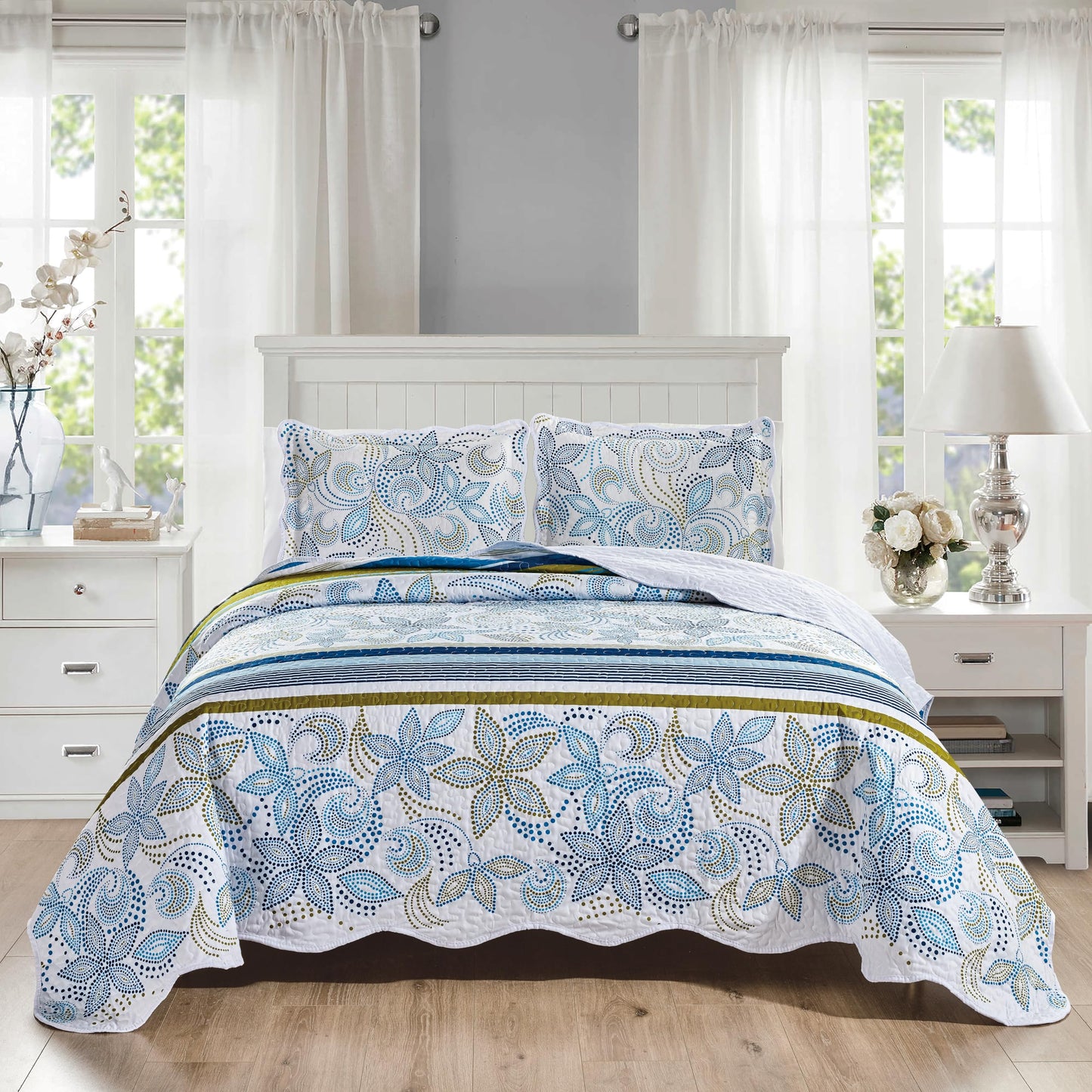 Grand Linen 3-Piece Queen Size Quilt Set, Blue White Green