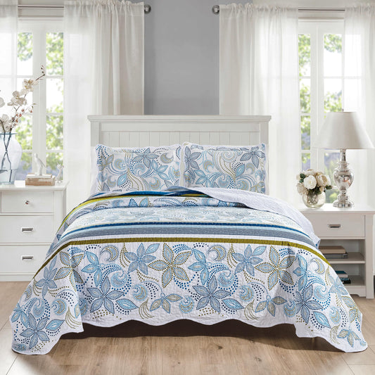 Grand Linen 3-Piece Queen Size Quilt Set, Blue White Green