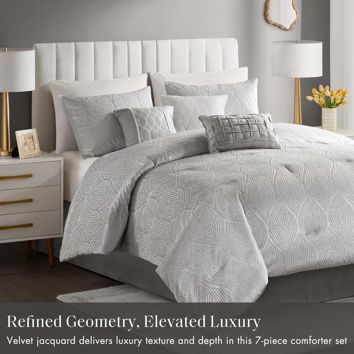 Madison Park 7-Piece Velvet Comforter Set, Jacquard Bedding Sets for All Season, Includes Comforter, Bed Skirt, Pillow Shams and Decorative Pillow, Queen/King/Cal King, Nocturne, Grey