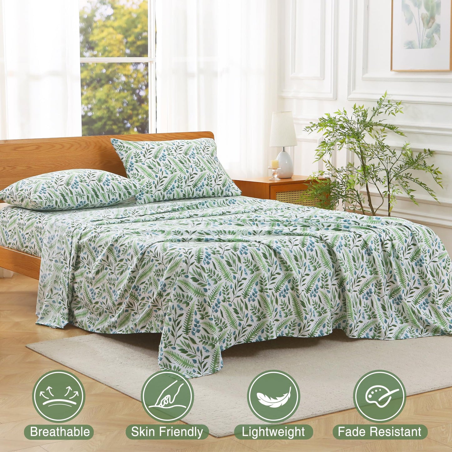 Viviland Full Bed Sheet Set - 4 Piece Double Brushed Microfiber Bedding - Deep Pocket Up to 15", Ultra Soft, Breathable & Wrinkle Resistant Skin-Friendly Cooling Sheets for Adult - Verdant Breath(F)