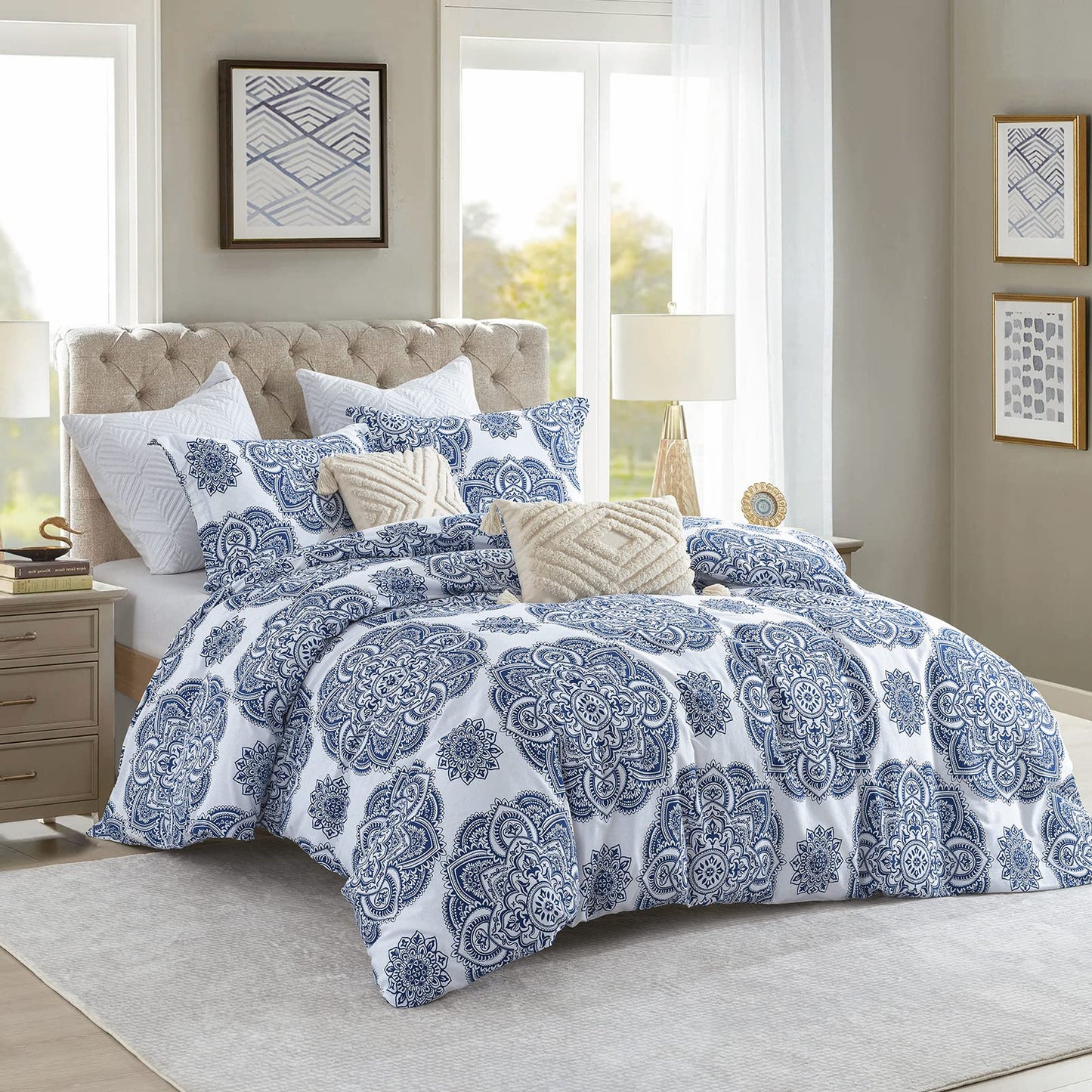 CozyDH Cotton Duvet Cover King Size - 100% Cotton 400TC Floral Damask Paisley Duvet Cover Set, 3pcs Soft Lightweight King Beddding Set, Zipper Closure 8 Ties(Royal Blue, 104x90, No Comforter)