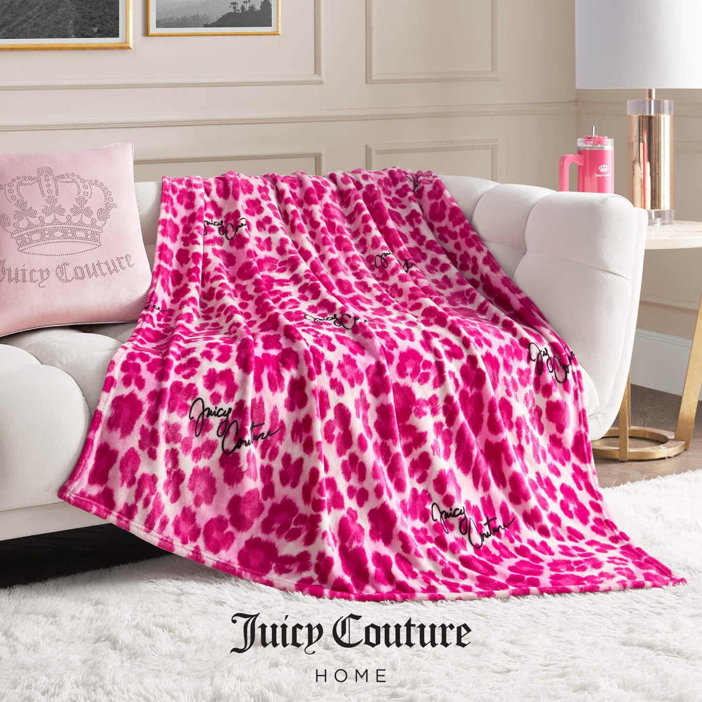 Juicy Couture Luxurious Throw Blanket for Couch - 50” x 70” Inches - Regent Leopard Print Blanket - Plush & Cozy Throw Blanket - Decorative Blankets for Sofas, Throws for Chairs, and Beds – Pink