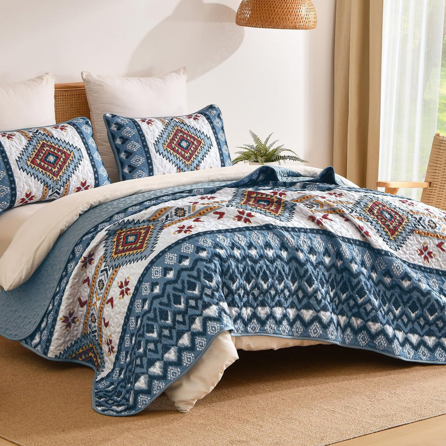 Dintszyayue Navy Blue Quilt Set Queen Size, Aztec Western Boho Quilt Bedspread Set, 3 Pieces Bohemian Southwestern Stripe Bedding Set Soft Lightweight Coverlet Set for All Season(96"x90")