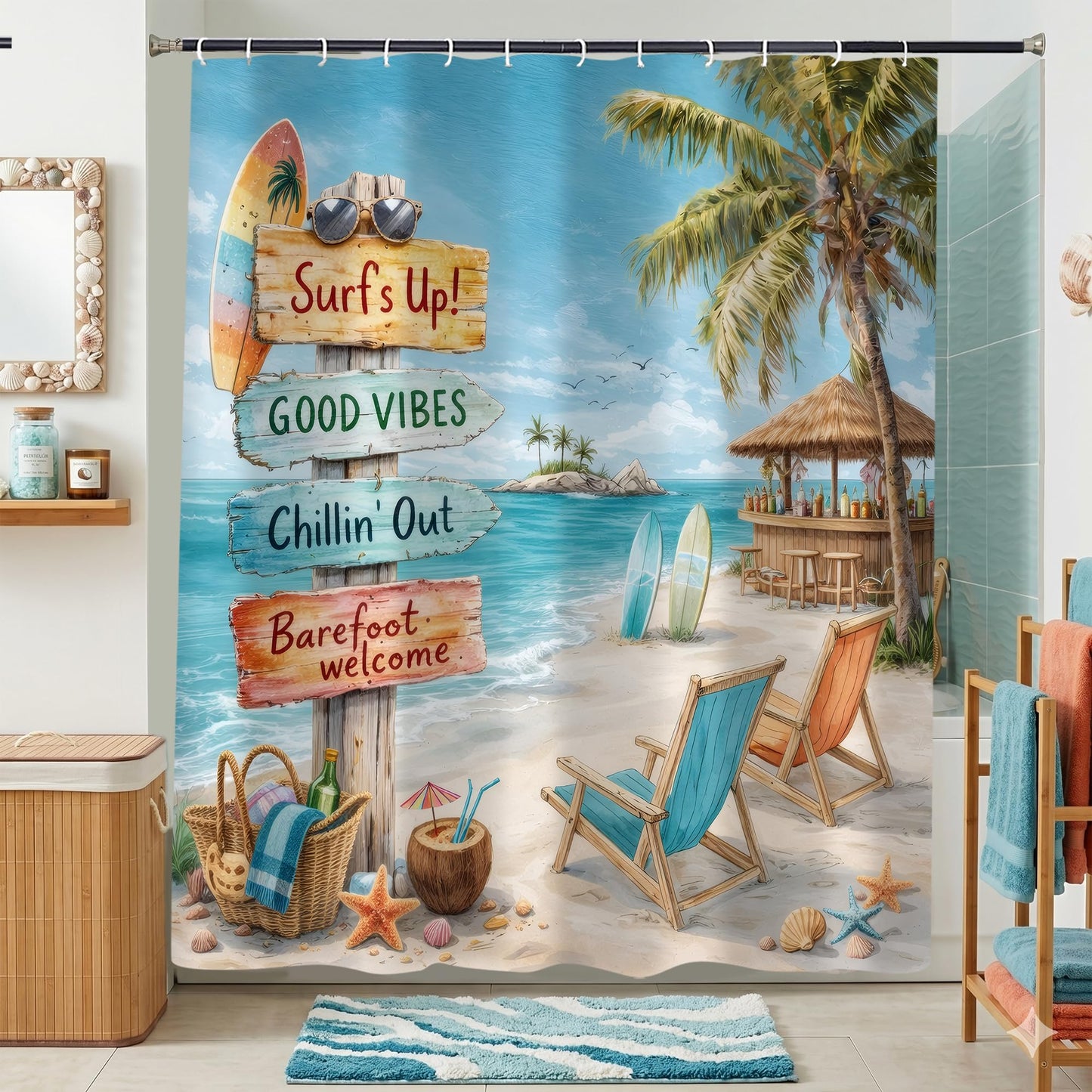 PAOPOED Beach Shower Curtain 72x72 Inch, Coastal Ocean Bathroom Curtain with Tropical Surf Sign, Waterproof Fabric, Farmhouse Summer Beach Decor, 12 Hooks Included