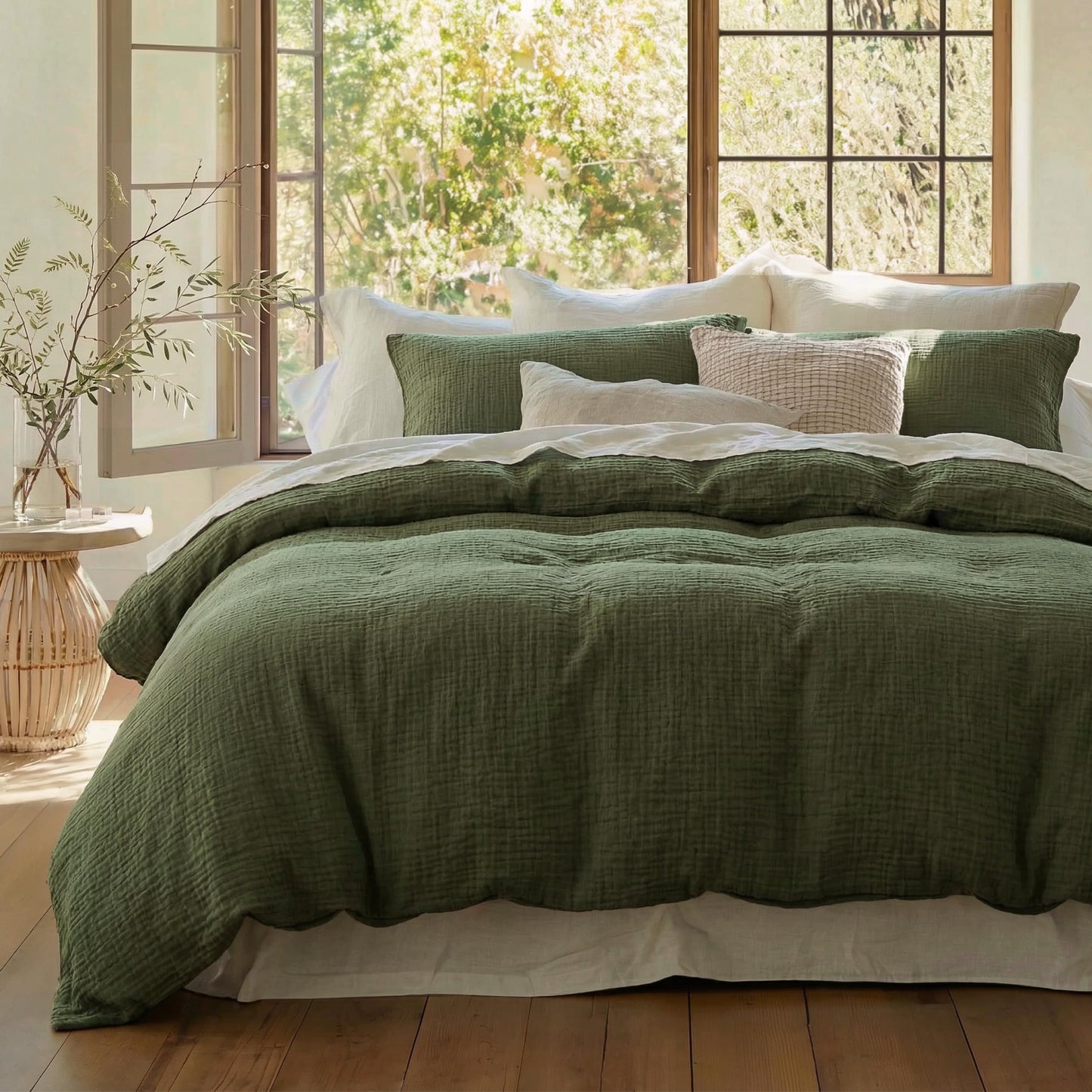 Bedsure 100% Muslin Cotton Duvet Cover King Size - Ultra-Soft Gauze Duvet Cover, PureWoven Breathable & Lightweight Bedding Set with Zipper Closure and Corner Ties (Olive Green, King, 104"x90")