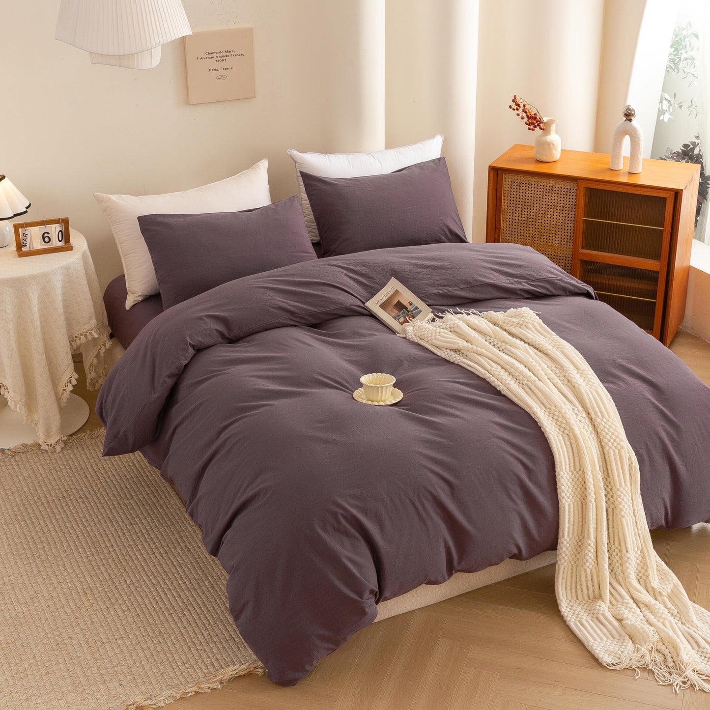 ECOCOTT Lilac Purple Duvet Cover Queen, 100% Washed Cotton 3 Piece Duvet Cover Sets 1 Duvet Cover with Zipper and 2 Pillowcases Bedding Set(Lilac Purple,Queen)