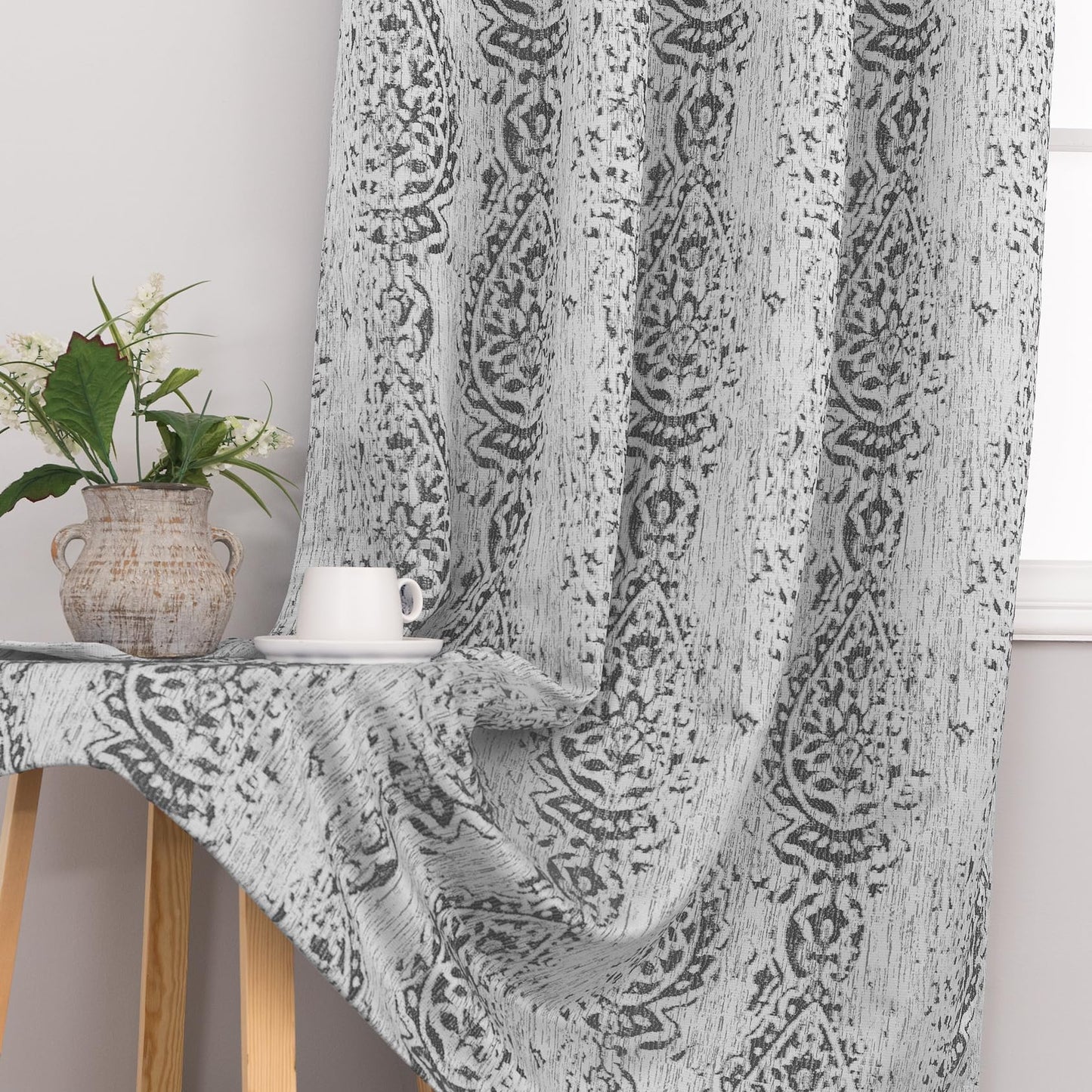 KOUFALL Patterned Blackout Curtains for Bedroom 84 Inch Long,Grey Light Gray Black Out Moroccan Geometric Pattern Curtains for Living Room 2 Panels Set