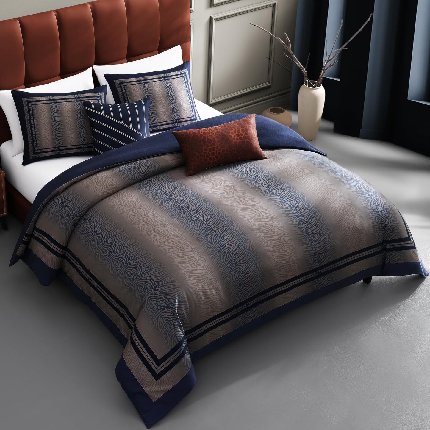 Bebejan Dark Blue Animal Prints 5 Piece Comforter Set, 100% Cotton Sateen, 220 Thread Count, Reversible Bedding Comforter Set, 1 Comforter, 2 Shams & 2 Pillows (King/Cal King)