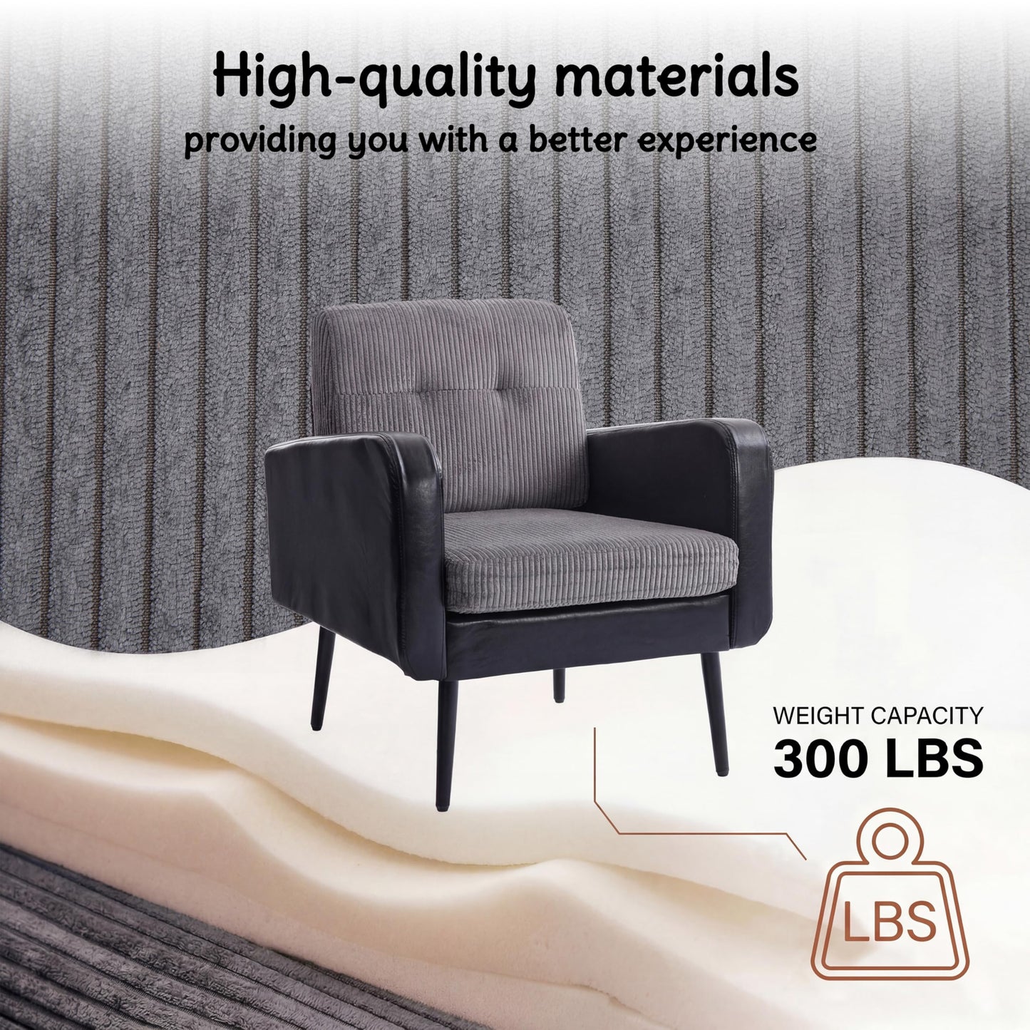 Accent Chair for Living Room armchair,Comfy Upholstered Modern armchair, Vintage Reading Chair, Versatile Sitting Chair with Metal Legs for Living Room Bedroom Office Waiting Room Study (Grey&Black)