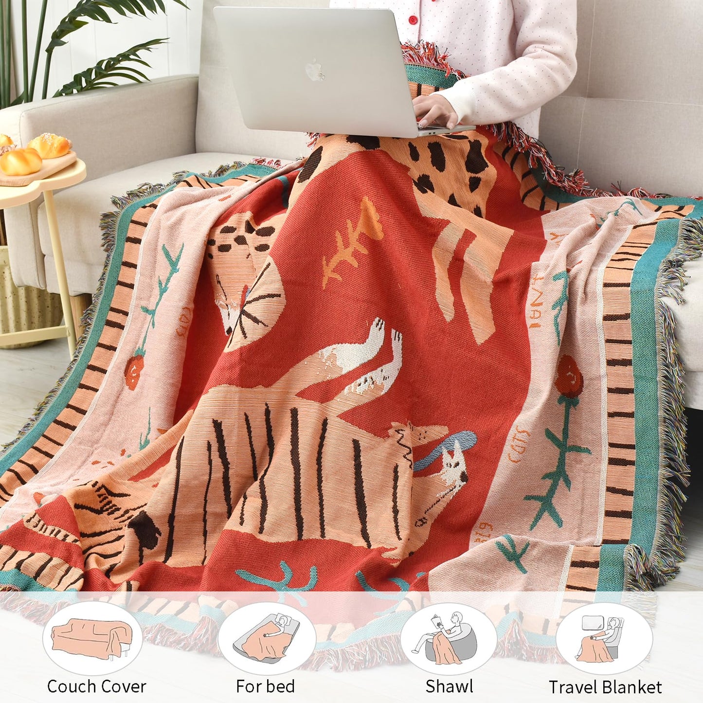 Shesyuki Boho Throw Blanket Reversible Cotton Bohemian Tapestry Hippie Room Decor Outdoor Blanket Double Sided (Boho Leopard 50"x60")