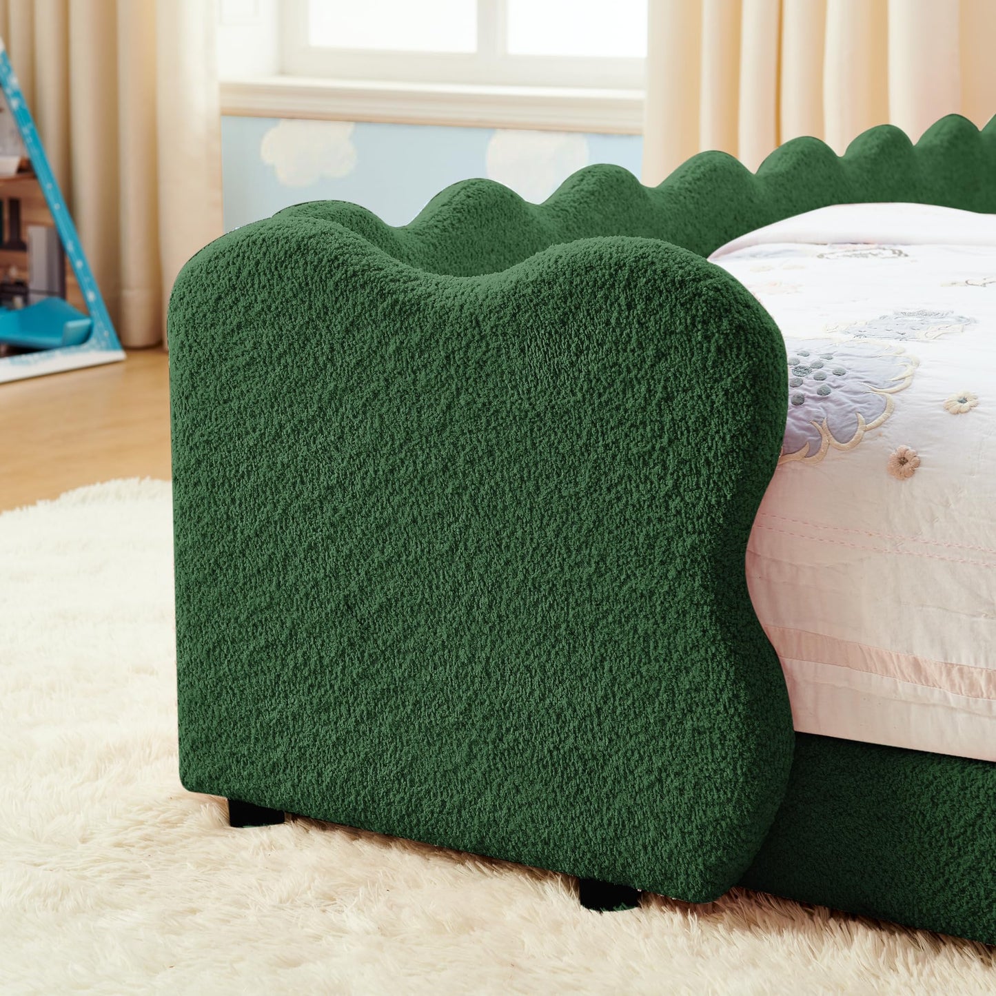 KEIKI Twin Size Upholstered Platform Bed Frame with Cute Dinosaur-Shaped Headboard, for Boys and Girls, Boucle Bed with Thickened Guardrail and Slats, No Box Spring Required, Easy Assembly, Green
