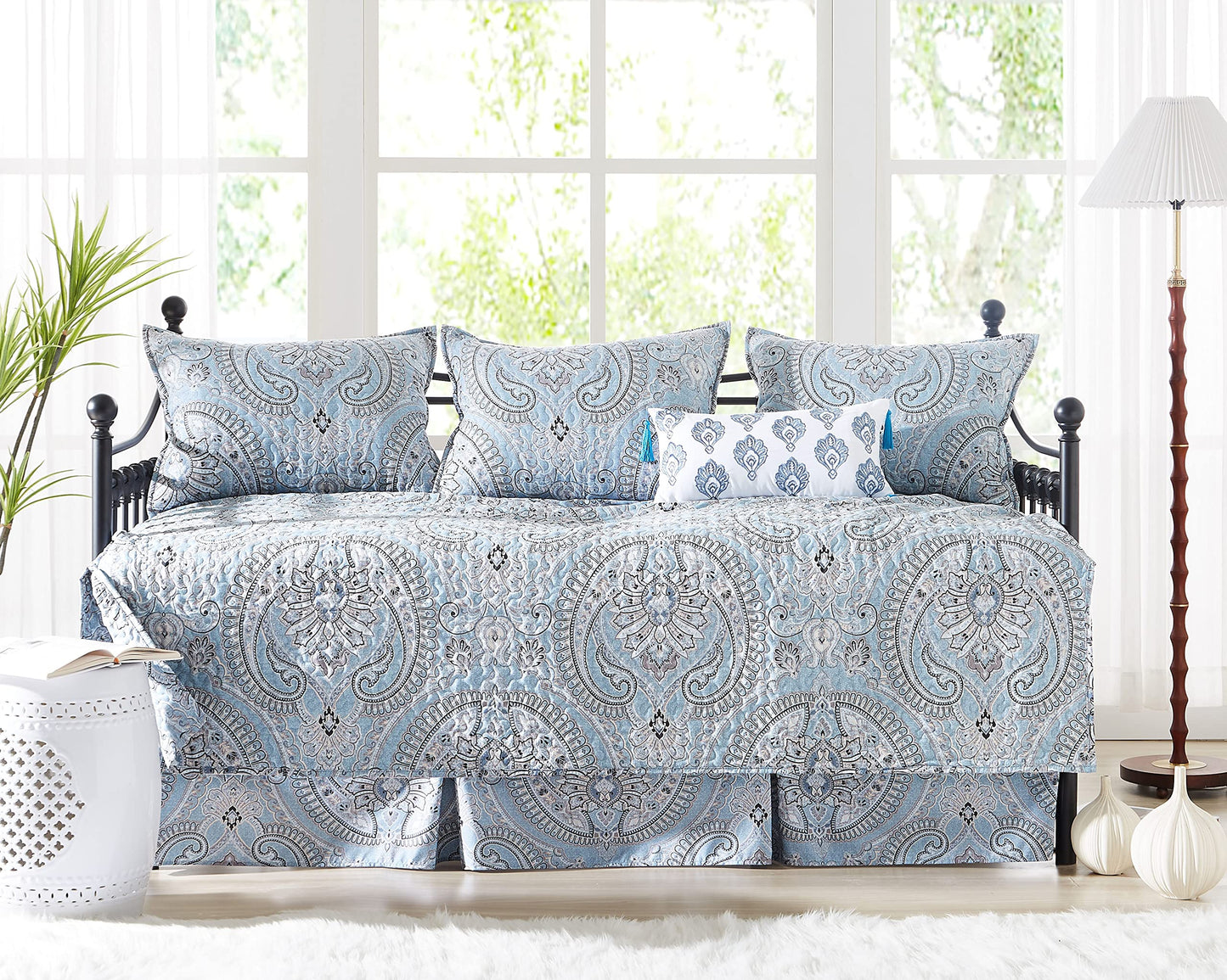 Southshore Fine Living, Inc. Twin Daybed Covers, Boho Bedding Set, Boho Daybed Cover Set, 3 Pillow Shams, 1 Bedskirt, 1 Throw Pillow - Twin Day Bed Covers, Day Bed Bedding Sets, Pure Melody Aqua