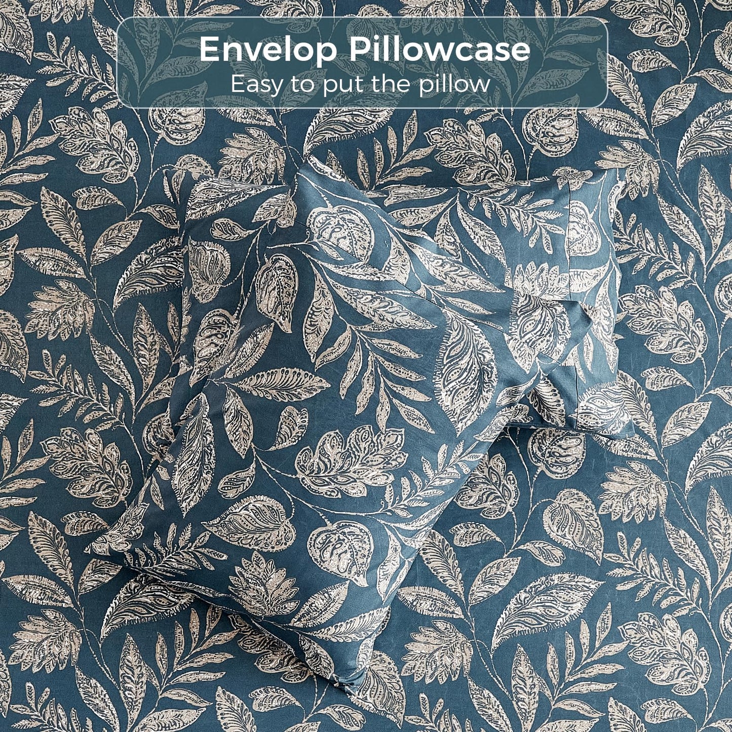 Tokokimo Paisley Sheets Set King Size, 16 inches Deep Pocket Fitted Sheet, Flat Sheet & Envelope Closure Pillowcases, Soft Breathable Microfiber Sheet Set 4-Piece, Blue Leaf Floral