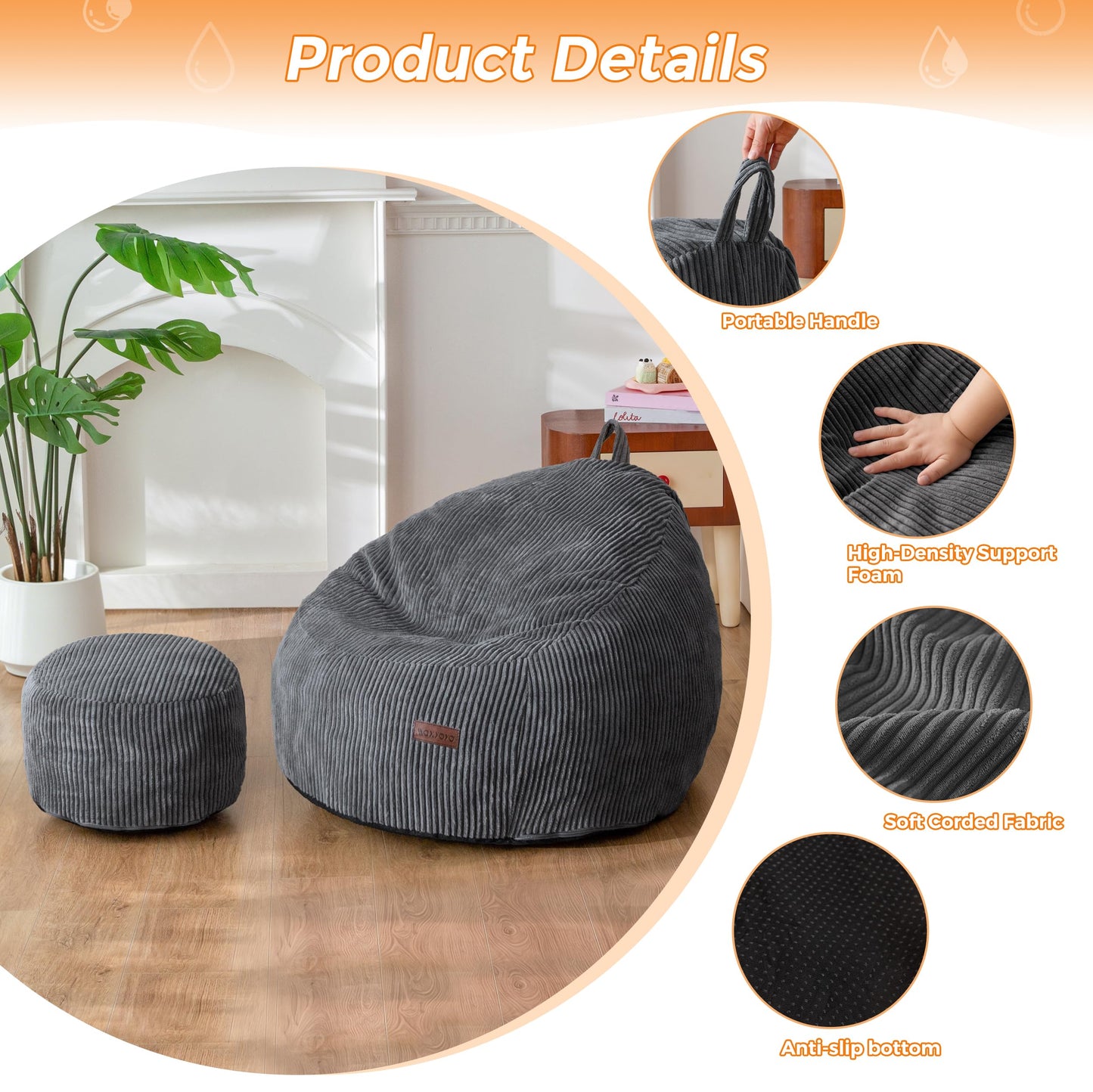 MAXYOYO Kids Bean Bag Chair with Ottoman, Soft Floor Bean Bag Sofa, Dark Grey