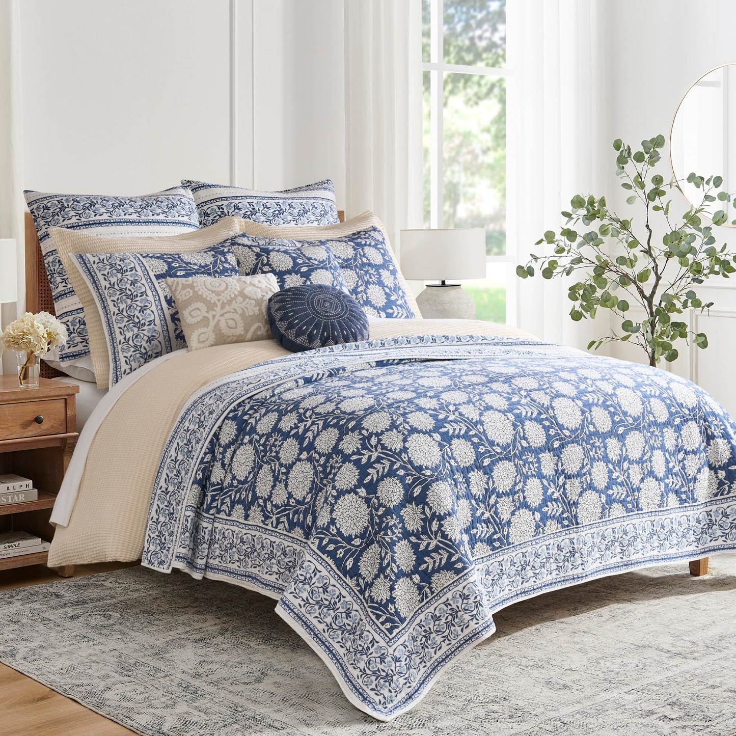 Levtex Home Adare Denim Reversible King/Cal King Quilt Set (106x92in) with 2 Pillow Shams (36x20in) - Floral Bedding - Blue White - Cotton King Size Quilt Bedding Set - Lightweight, Soft, Pre-Washed