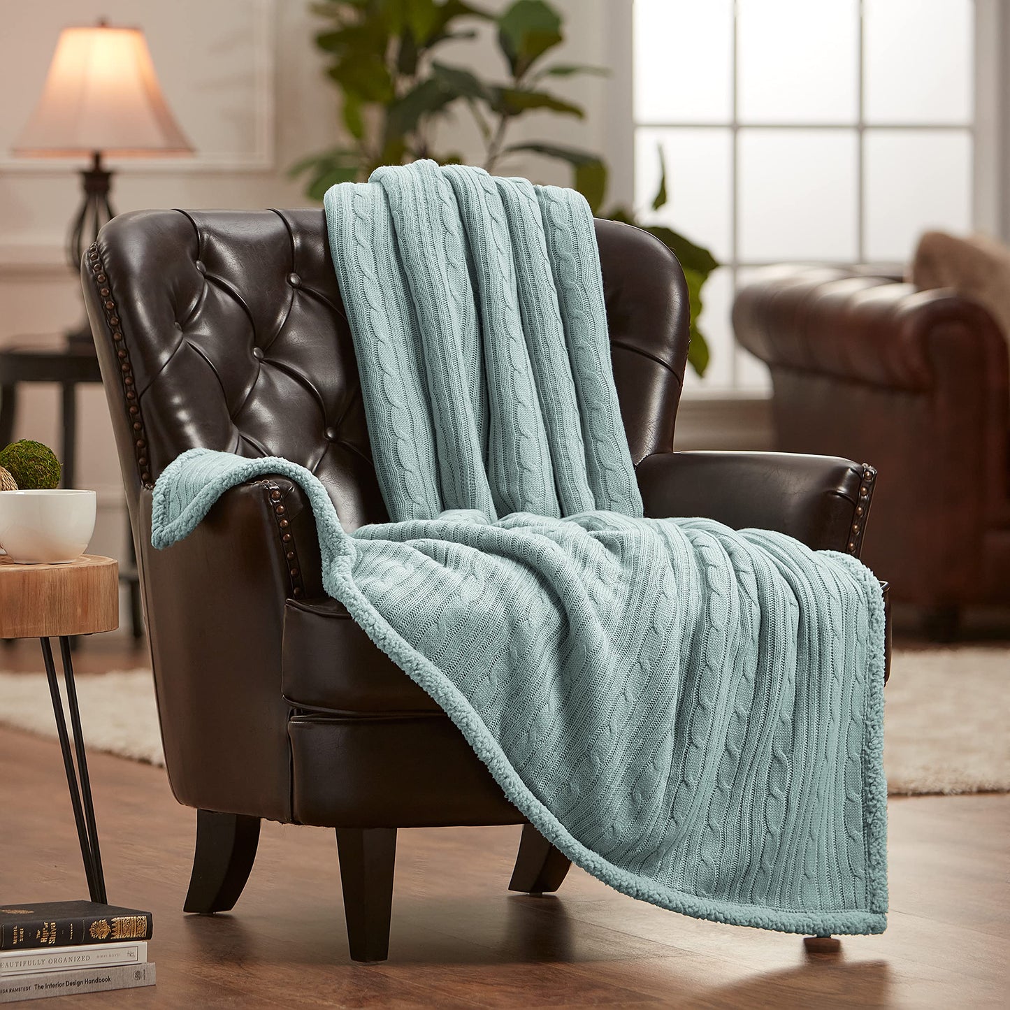 Chanasya Premium Cable Knit Throw Blanket - Soft and Cozy Throw Blanket with Plush Sherpa Side - 50" x 65” - Mint Green