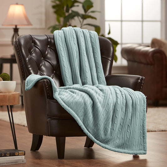Chanasya Premium Cable Knit Throw Blanket - Soft and Cozy Throw Blanket with Plush Sherpa Side - 50" x 65” - Mint Green