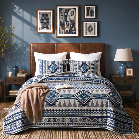 akkialla Reversible Blue Boho Queen Quilt Set, 2-Piece Bohemian Aztec Microfiber Bedspread, Soft Lightweight All-Season Coverlet (1 Quilt, 2 Shams)
