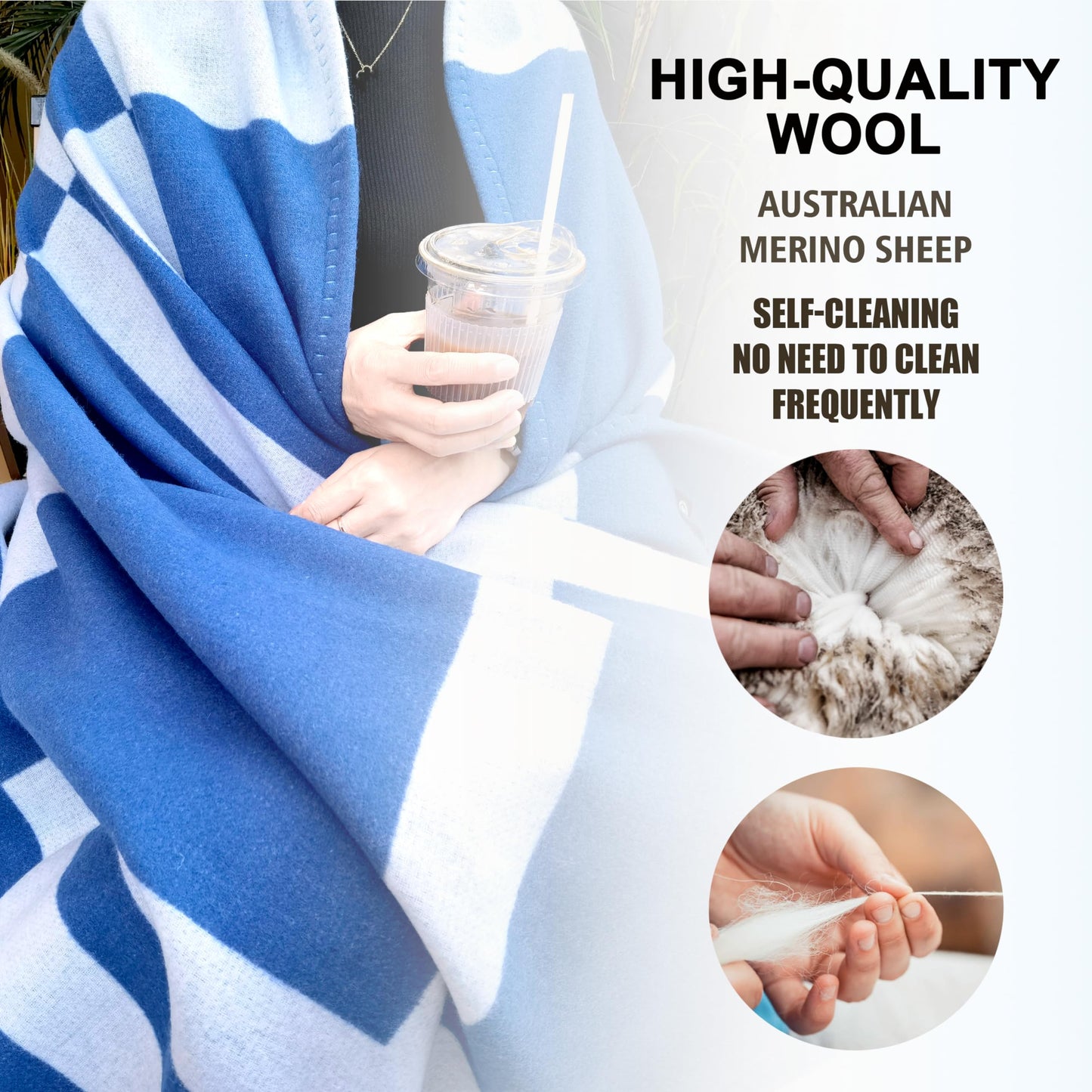 Wool Blanket & Throws 90% Wool Warm Blanket Soft Couch Blankets 75"x55" Twin Throw Blankets for Living Room, Camping, Outdoors, or Car Travel with Exquisite Box for Gift (Blue)
