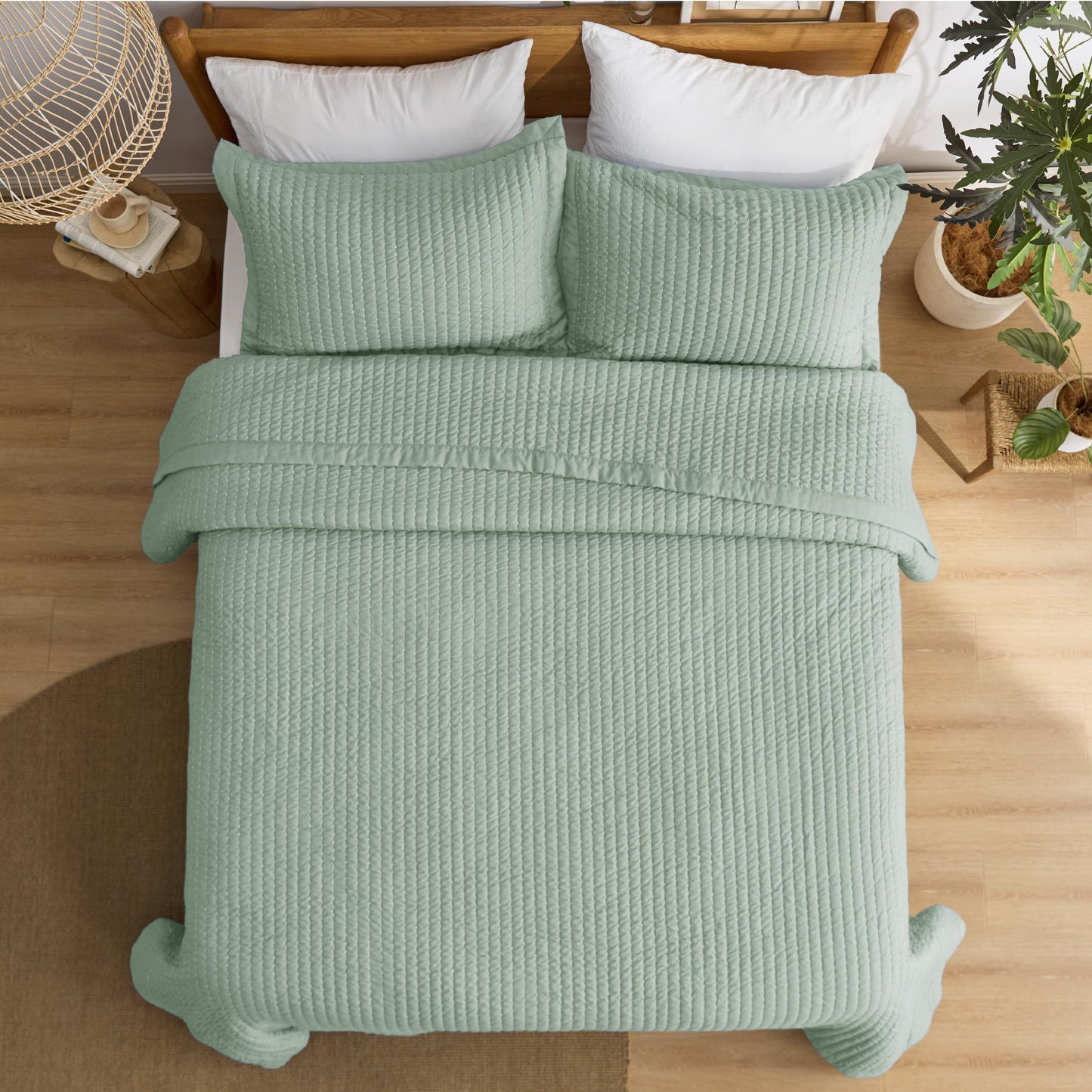 Bedsure Green Quilts Queen Size - Queen Quilt Bedding Set Bedspread Coverlet, Lightweight Neutral Striped Bedding, 3-Piece Set with 90"x96" Coverlet & 2 Pillow Shams, All-Season Soft Microfiber