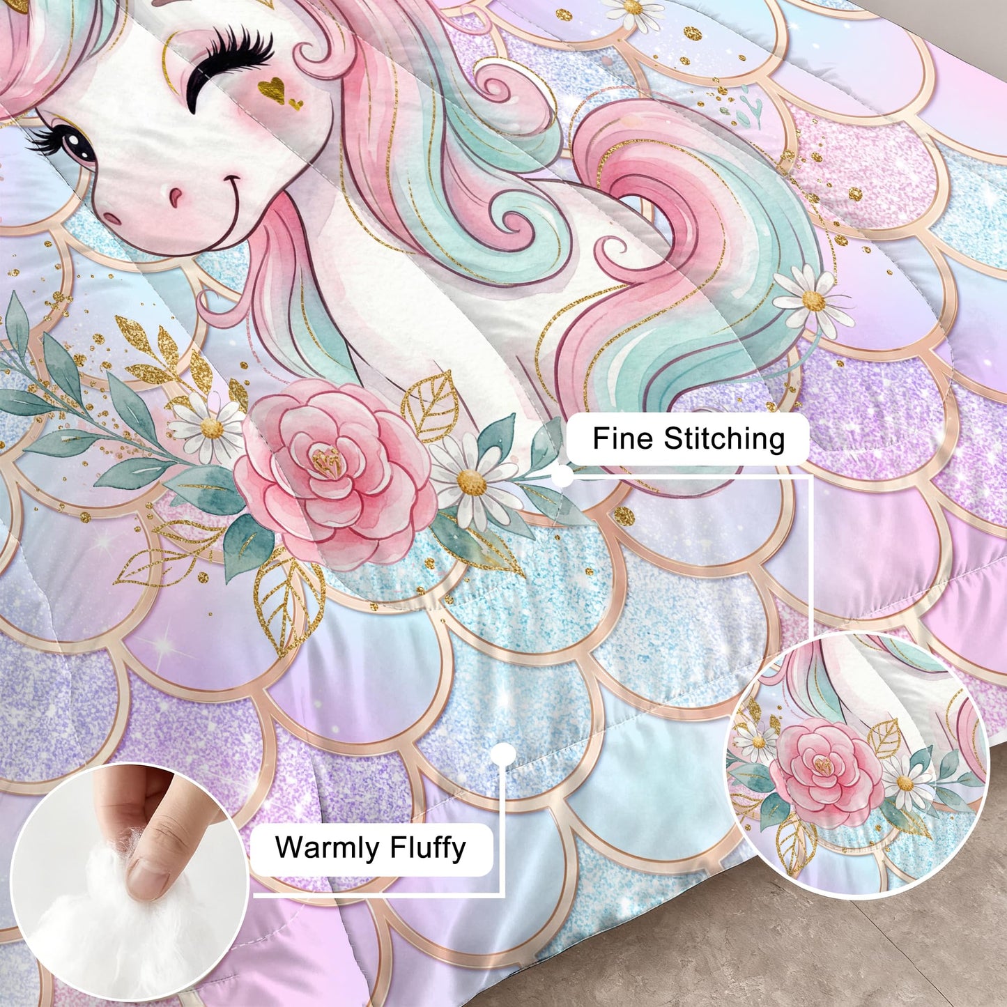 VTKON Unicorn Mermaid Bedding Set Twin Size, Pastel Pink Blue Glitter Scales Comforter Set, Magical Fantasy Bed Set for Kids Girls Room with 1 Comforter + 1 Pillowcase