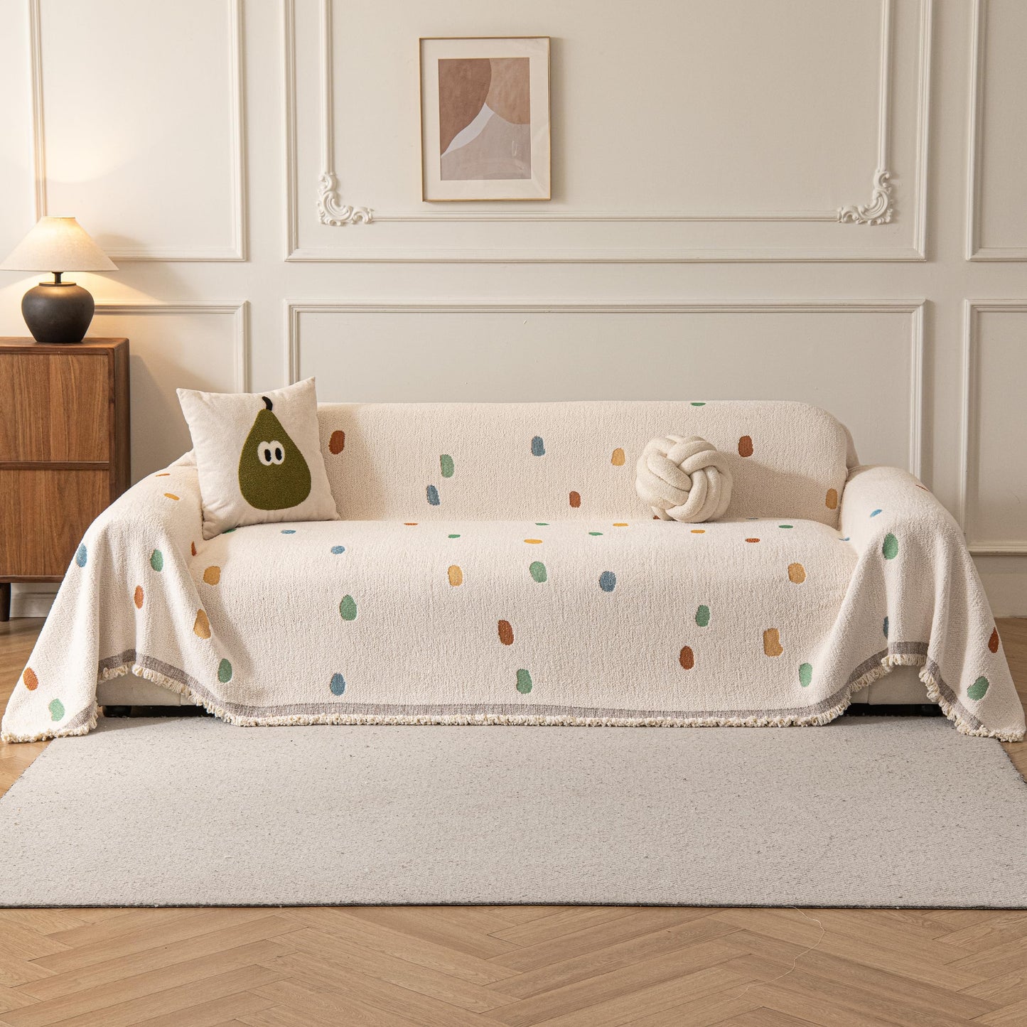 KaviKon Couch Covers for Dogs, Sofa Covers for 3 Cushion Couch, Plush Couch Blanket Cover Sectional Washable, Sofa Slipcover Protector, Slip Covers for Sofas High-Gram Weight, Dots Beige, 71" ×118"