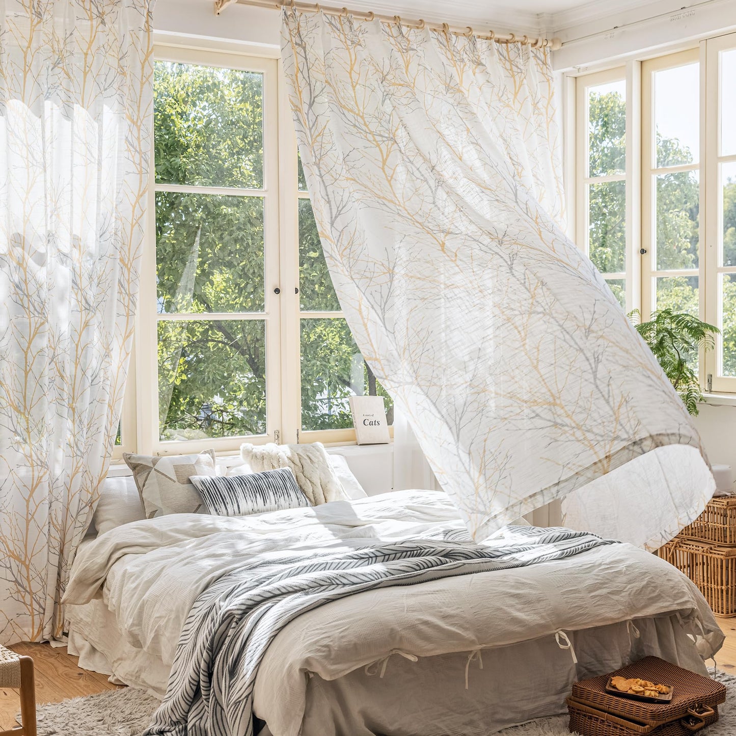 FMFUNCTEX Linen Semi Sheer Curtains for Bedroom, Yellow White Curtains 84 Inches Long for Living Room, Grey Tree Branch Print Curtain Light Filtering Farmhouse Window Drapes, Grommet Top 2 Panels