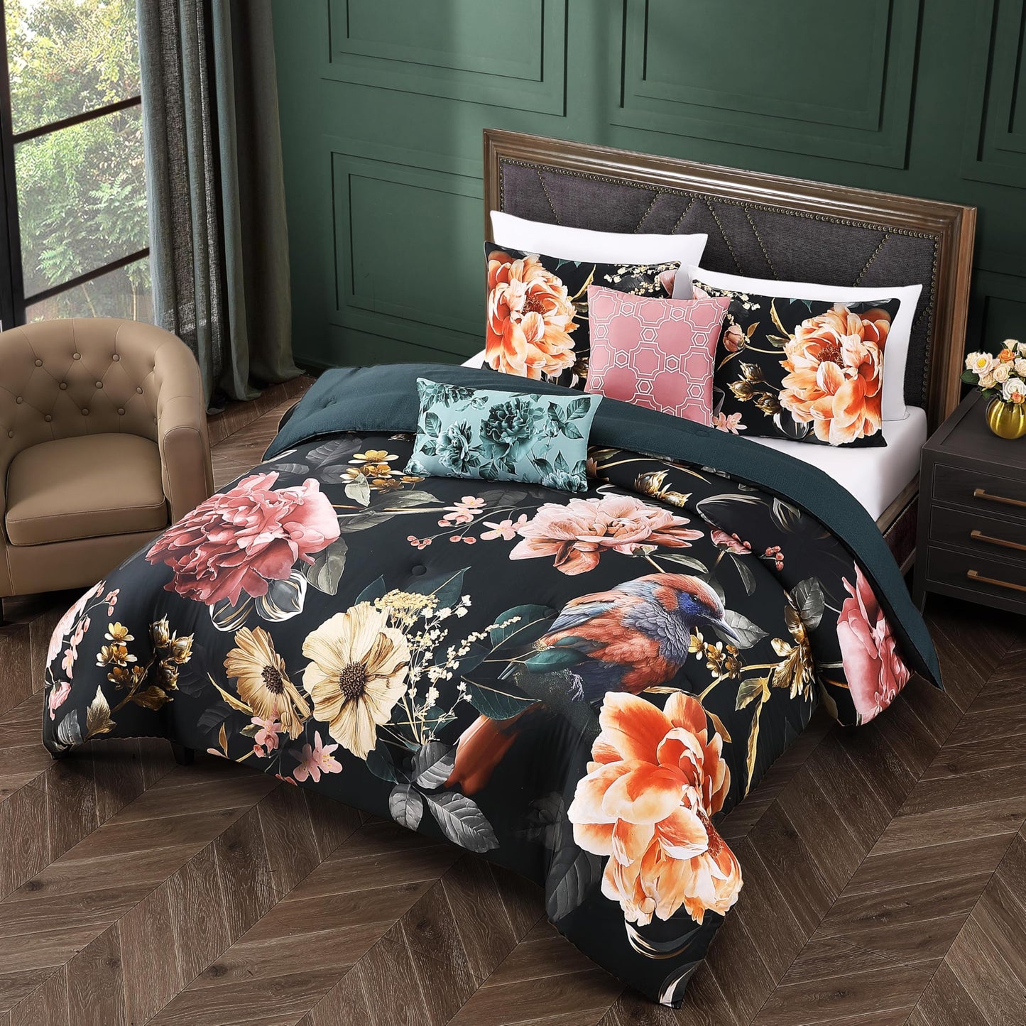 Bebejan Botanical Birds 5 Piece Comforter Set, 100% Cotton Sateen, 220 Thread Count, Black Reversible Bedding Comforter Set, 1 Comforter, 2 Shams & 2 Pillows (King/Cal King)