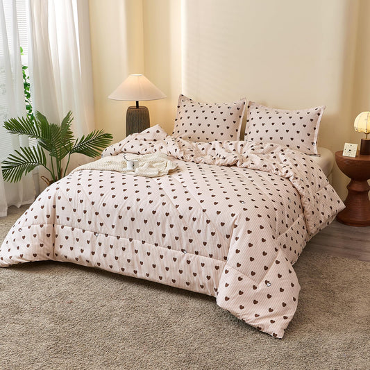 Caressma Comforter Girls Brown Heart Striped Pattern Bedding Cute Soft King Comforter Set 3 Pieces with Pillowshams for All Seasons