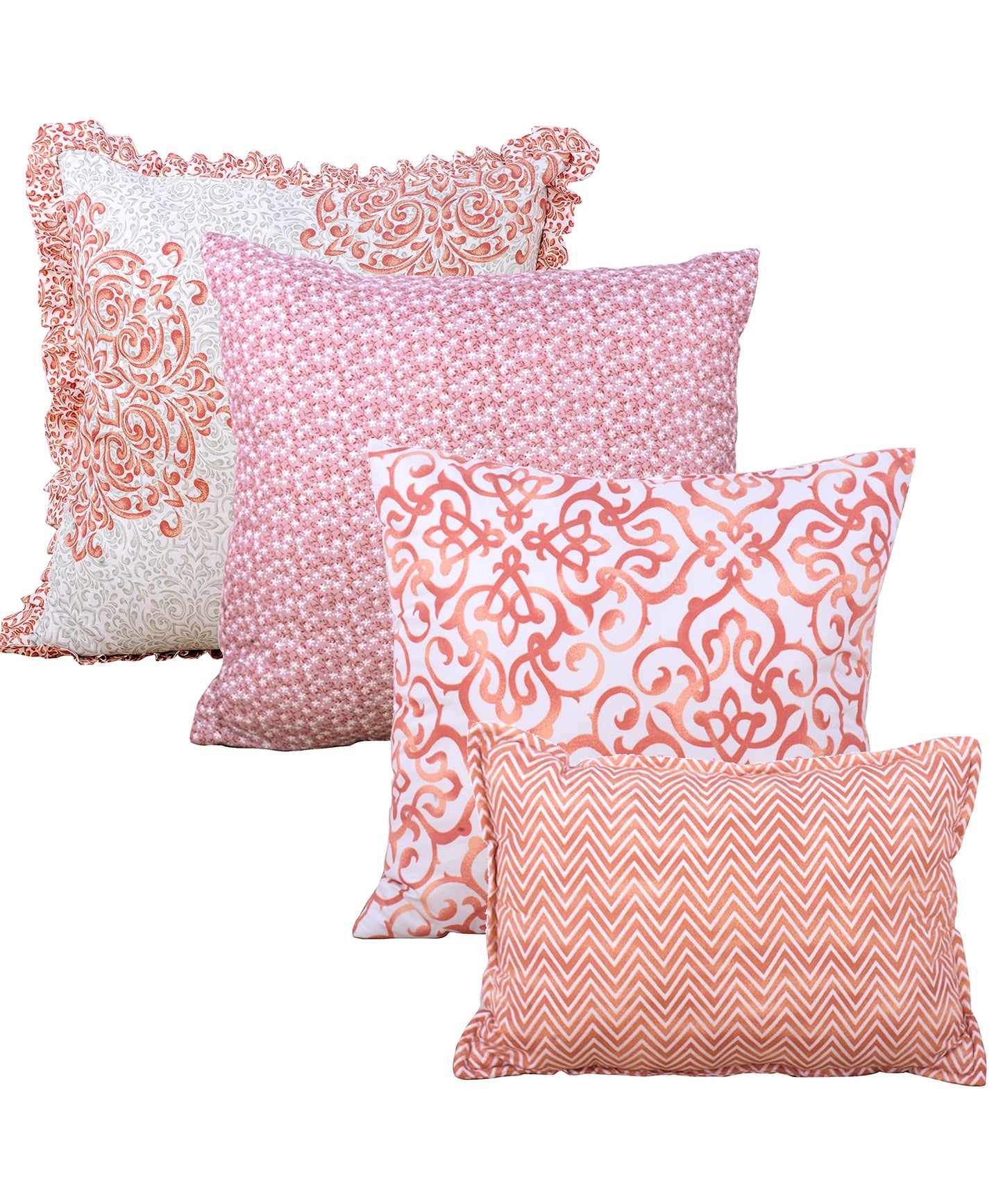 Home Soft Things 9-Piece Oversized King Bedspread Set - 122” x 106” Lightweight Reversible Microfiber Quilt Coverlet Bedding - All Season Farmhouse Chevron & Floral Scroll - Coral Orange/Off-White