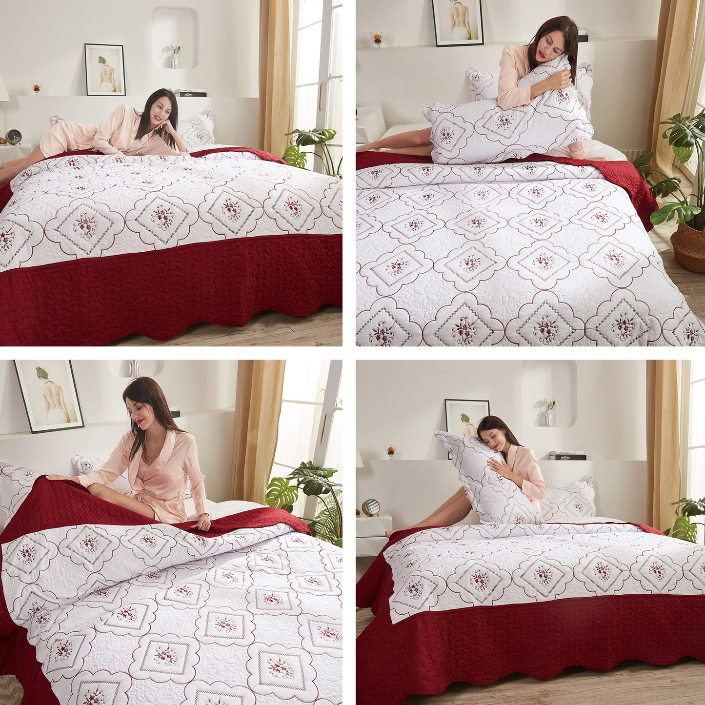 Oliven 3 Pcs Embroidered Quilt Full/Queen Size Floral Bedspread Soft Breathable Flower Coverlet Burgundy White Bed Cover Embroidered Bedding Christmas Bed Home Decor