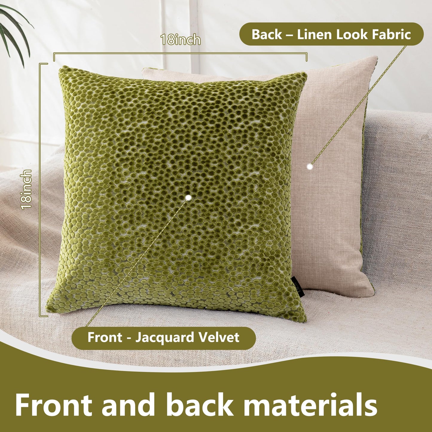 FIFU 18x18 Inch Throw Pillow Cover Set of 2 - Jacquard Velvet Cut-Pile with Linen-Look Back, Invisible Zipper, Soft Decorative Cushion Case for Couch Sofa Bedroom Living Room, Machine Washable, Olive