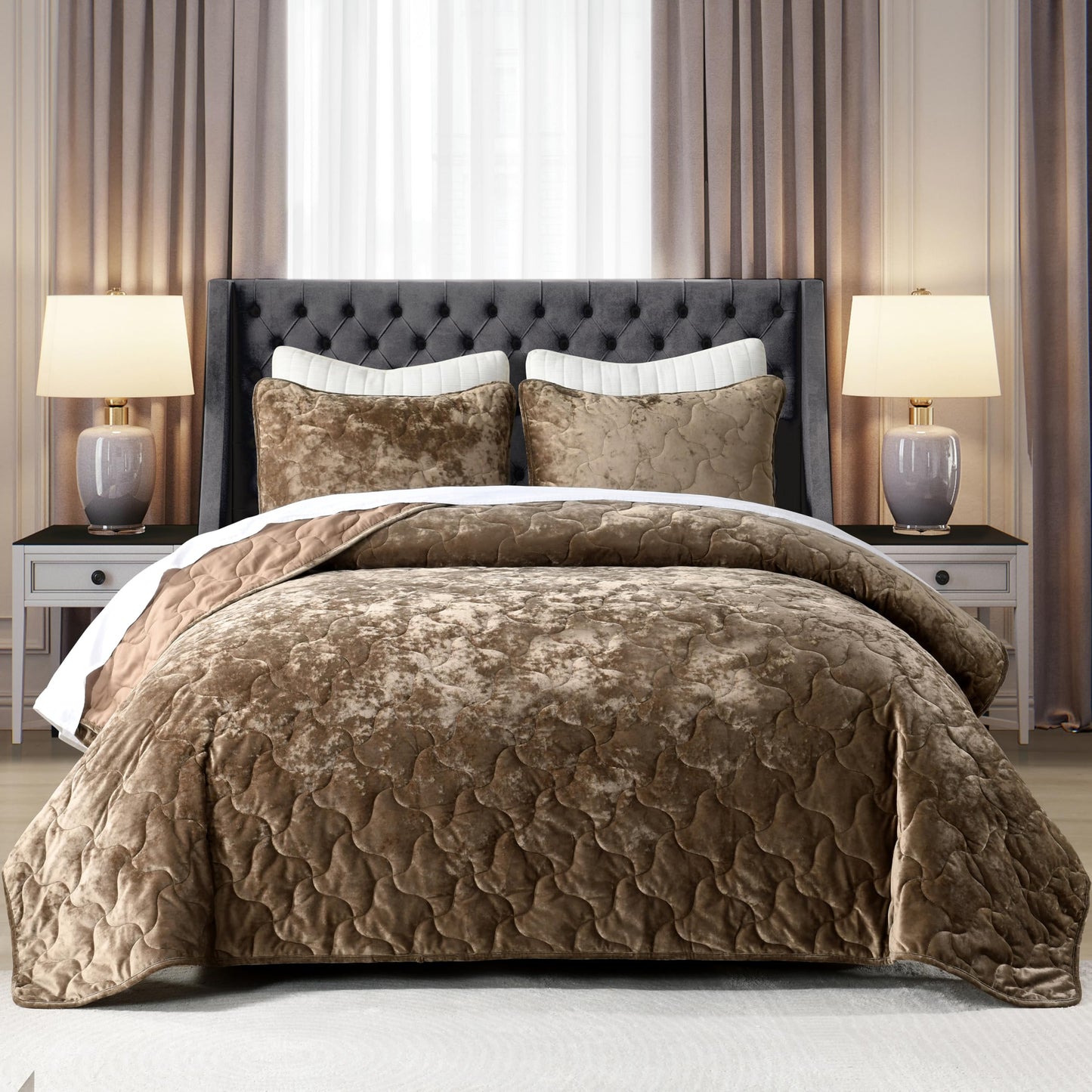 Homzard Luxury Velvet Quilt Set Queen Size Bedding, Mocha Brown Comforter Set, Ultra-Soft Striped Channel Stitch All Season Comforter, Thermal Bedspread Coverlet with 2 Pillow Shams