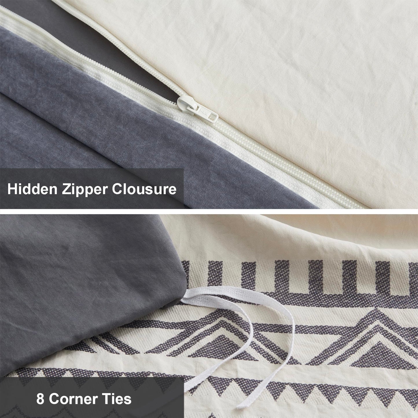 Oli Anderson Boho Duvet Cover Set Queen Size, Beige and Gray Color Clash 3 Pieces Microfiber Bedding Set, Durable and Super Soft Duvet Covers with Zipper and Ties, 90"*90"