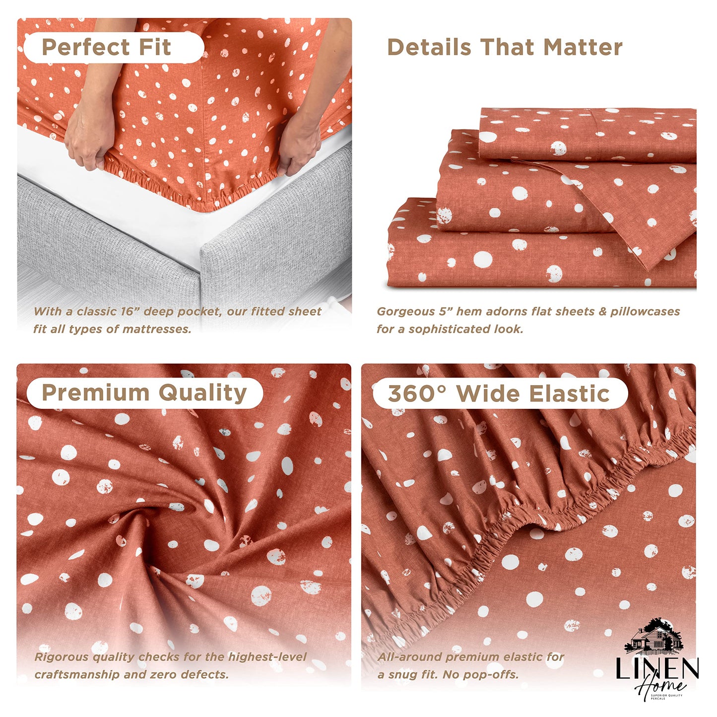 Linen Home Cotton Lyocell Blend Percale Sheet Set Queen Size - 4 Piece Deep Pocket Bedding, Pre-Washed & Shrunk, Crisp Cooling Fabric, Fade-Resistant, Hotel Luxury, Wrinkle-Free - Polka Cedar Wood