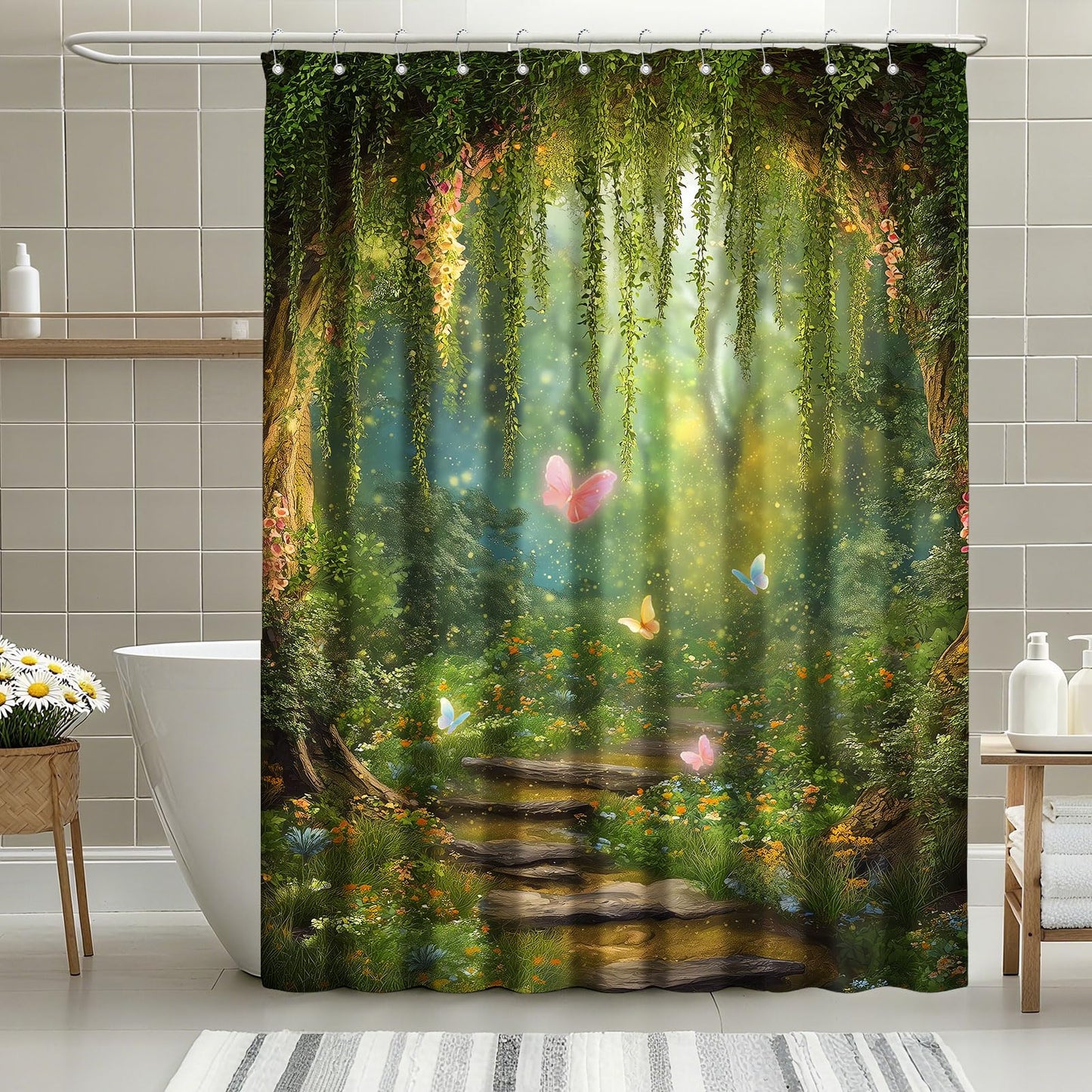 mutakin Green Tree Shower Curtain Butterflies Shower Curtains for Bathroom Waterproof Fabric Bath Curtain Decor with Hooks