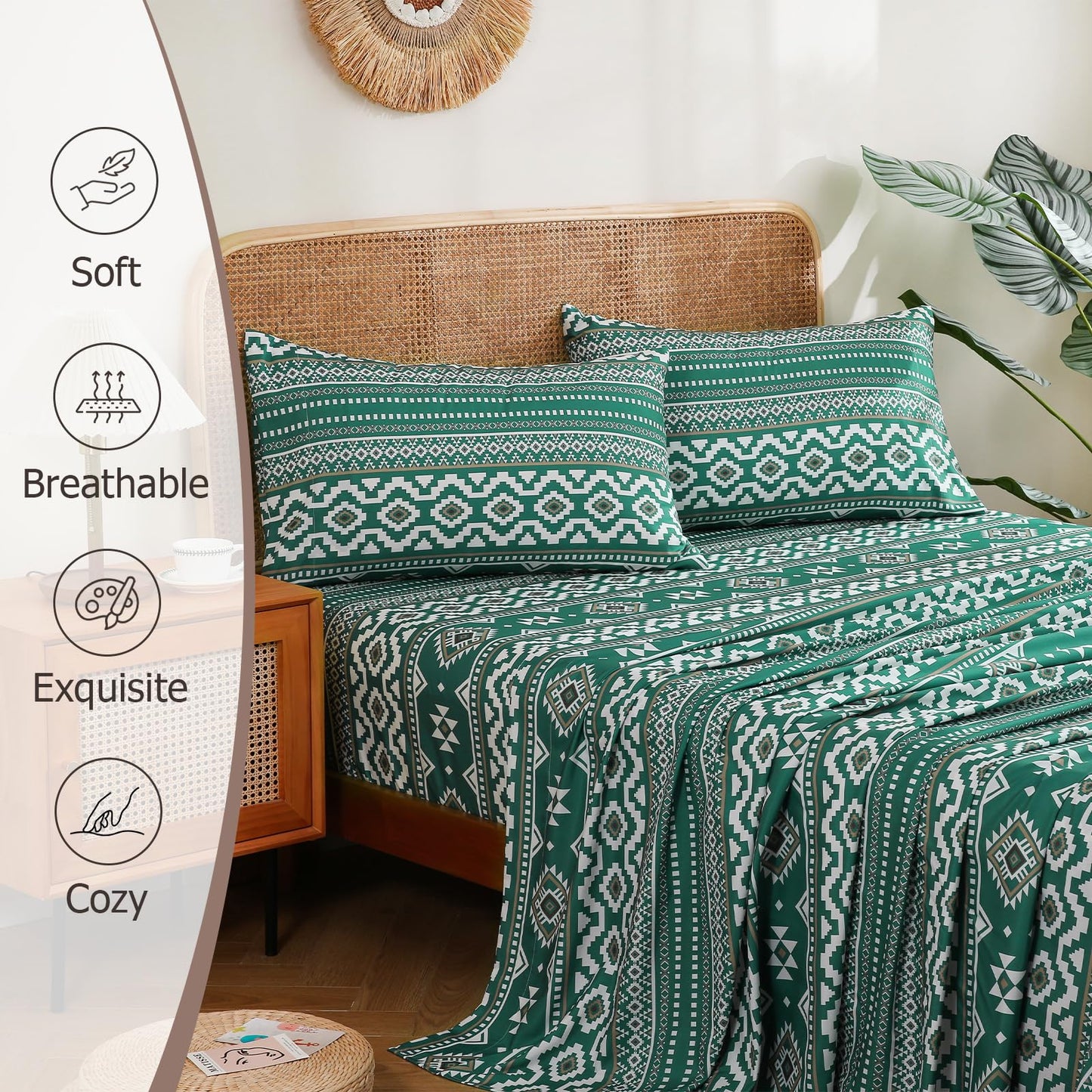 CozySmile 4 Pieces Queen Sheet Set Bohemian, Boho Sheets Soft Microfiber Deep Pocket, Western Sheets Geometric(Queen, Emerald Green)