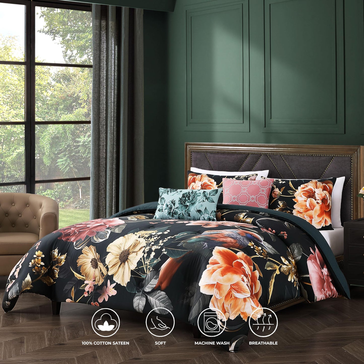 Bebejan Botanical Birds 5 Piece Comforter Set, 100% Cotton Sateen, 220 Thread Count, Black Reversible Bedding Comforter Set, 1 Comforter, 2 Shams & 2 Pillows (King/Cal King)