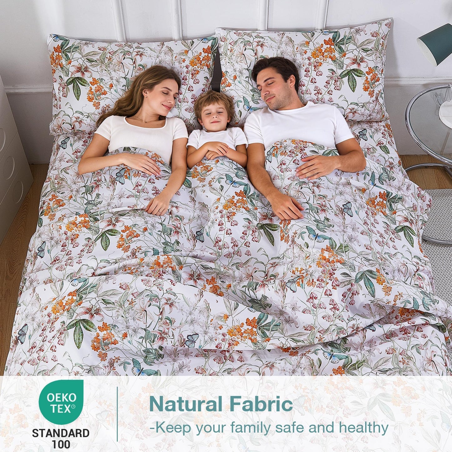 Softan Green Floral Full Sheet Set, Cozy Microfiber Butterfly Printed Fitted Bed Sheet with 15" Deep Pockets & Non-Slip Straps, Cute Girls Patterned Double Sheets & Pillowcase Set