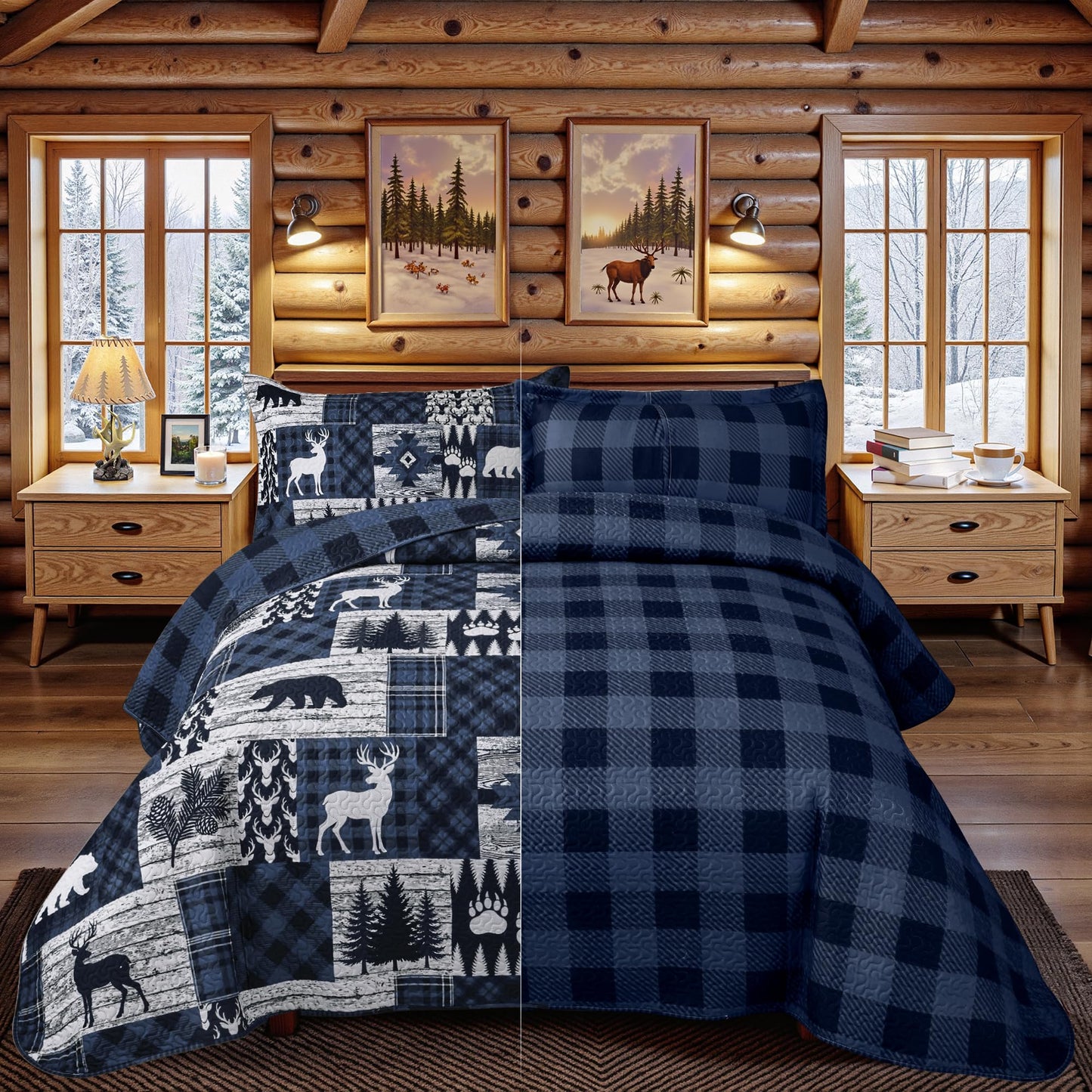 3 Piece Cabin Full/Queen Quilt Sets Farmhouse Rustic Reversible Microfiber Soft Lightweight Bedspread Comforter with 2 Shams Patchwork Country Lodge Bedding Quilts Set for All Season, 90''x96'', Blue