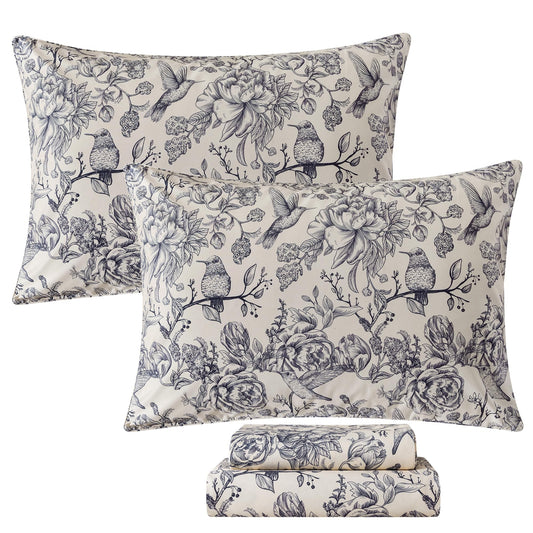 FADFAY King Sheets Set 100% Cotton Vintage Blue and Beige Floral Toile Bedding 4-Piece French Country Cottagecore Bird Print Bed Sheets, Deep Pocket, Breathable & Soft Shabby Floral Bedding Sets