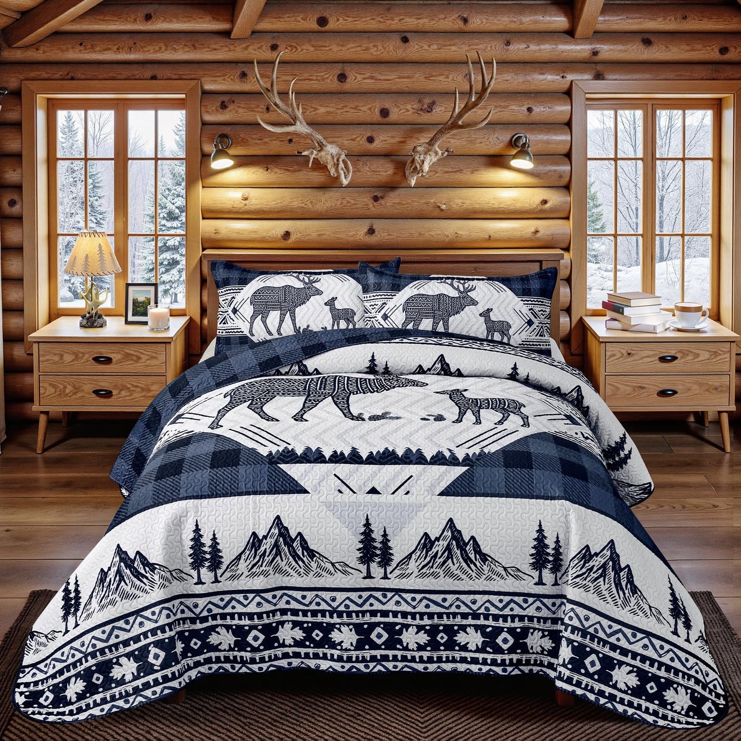 3 Piece Cabin Full/Queen Quilt Sets Farmhouse Rustic Reversible Microfiber Soft Lightweight Bedspread Comforter with 2 Shams Patchwork Country Lodge Bedding Quilts Set for All Season, 90''x96'', Blue