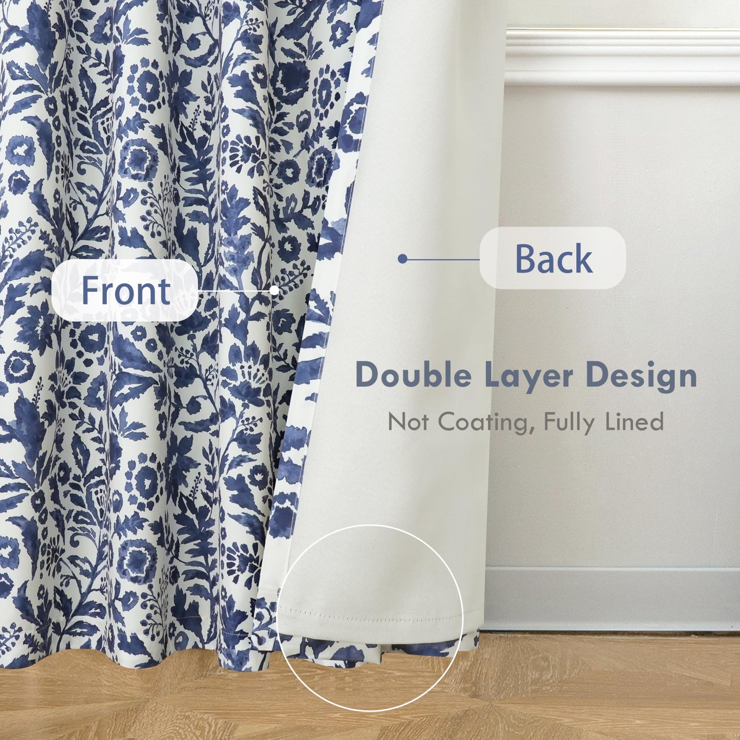 DriftAway Julia Blackout Curtains for Bedroom Navy Floral Watercolor Pattern Double Layer Thermal Insulated Sound Reducing Room Darkening Drapes for Living Room Grommet 2 Panels Each W52 x L84 Navy