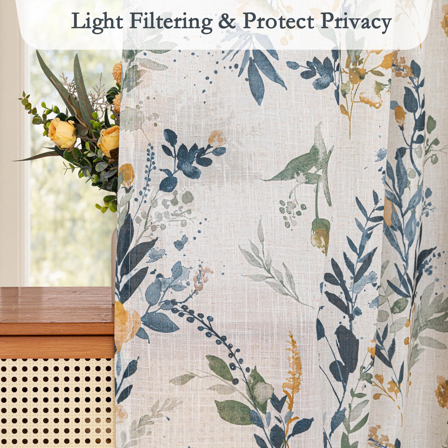 MYSKY HOME Floral Linen Curtains 84 Inch Long Set of 2 for Living/Dining Room Semi Sheer Light Filtering Farmhouse Flower Patterned Back Tab Drapes, Yellow and Blue, W50 Each Panel