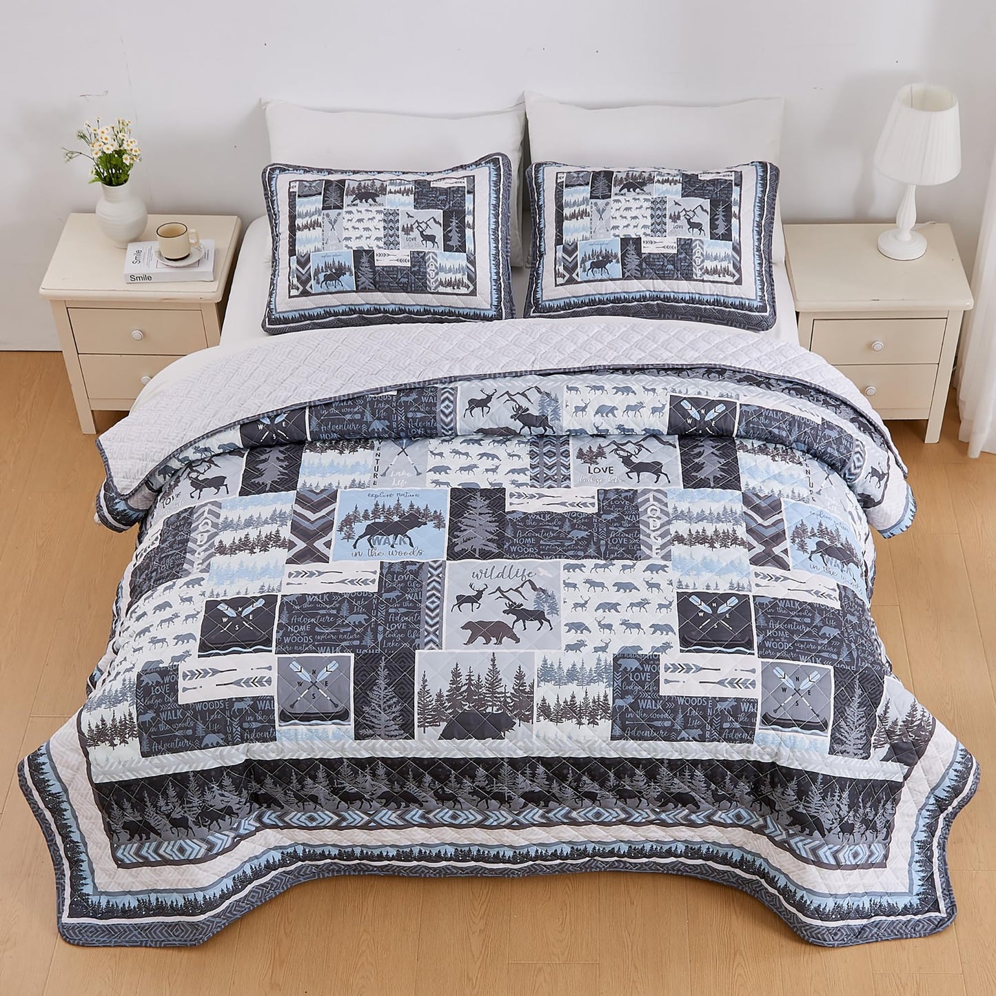 Market & Place Rustic Quilts Full/Queen Size | 3-Piece Cabin Comforter Set with Shams | Reversible Lodge Wildlife Bedding for All Season | Denali Collection (Full/Queen, Wildlife Woods)