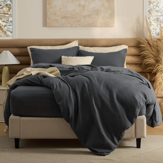 Bedsure 100% Cotton Duvet Cover Queen Size with Fitted Sheet - 4 Pieces Charcoal Waffle Weave Duvet Covers, PureWowen Breathable Bedding Set, 1 Duvet Cover 90x90, 1 Fitted Sheet, 2 Pillow Shams