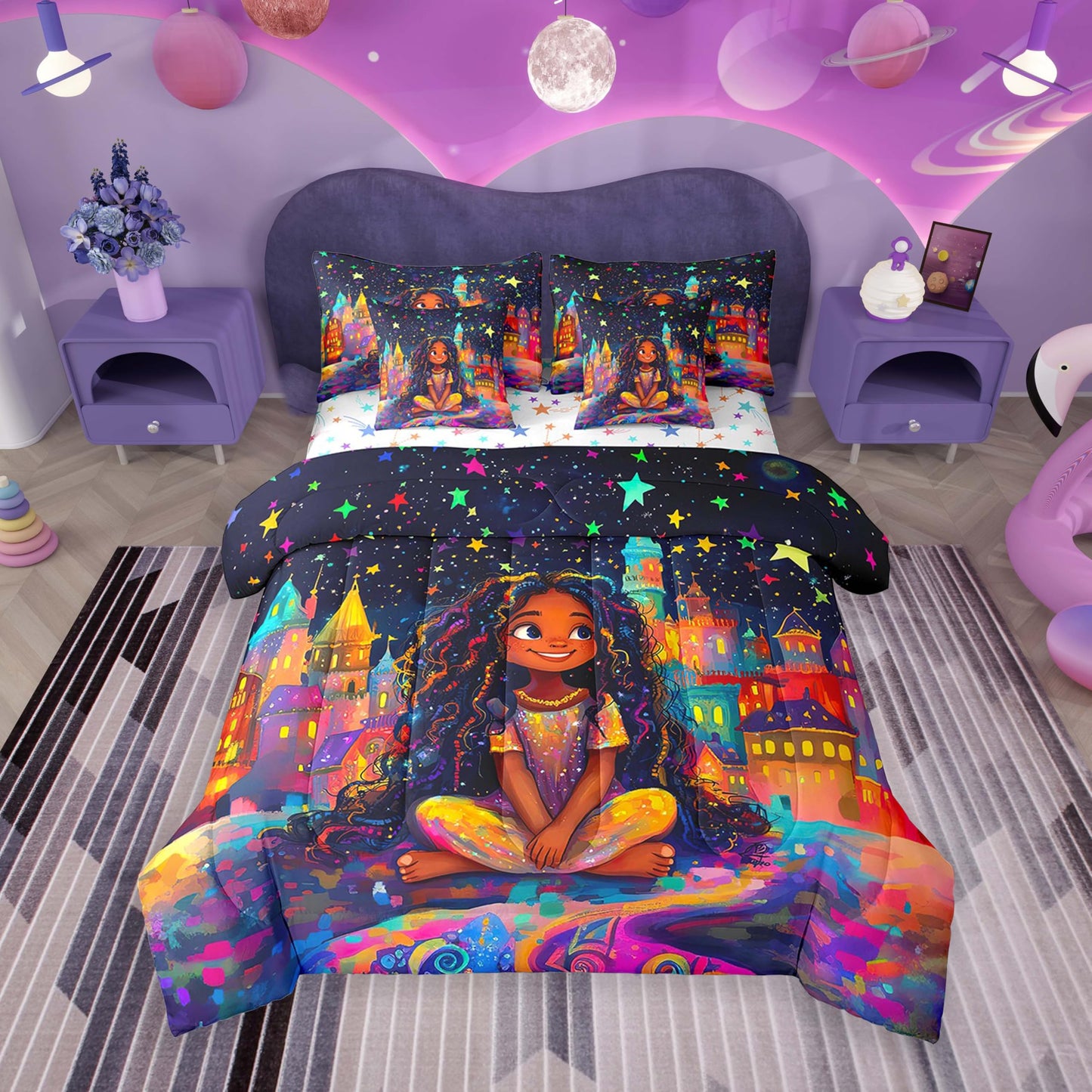 jejeloiu Kids Cute Black Girl Comforter Set 7 Pieces Full Size Castle Star Print Bedding Set African American Girl Bed in a Bag with Comforter, Sheets, Pillowcases & Cushion Covers（No Glitter）
