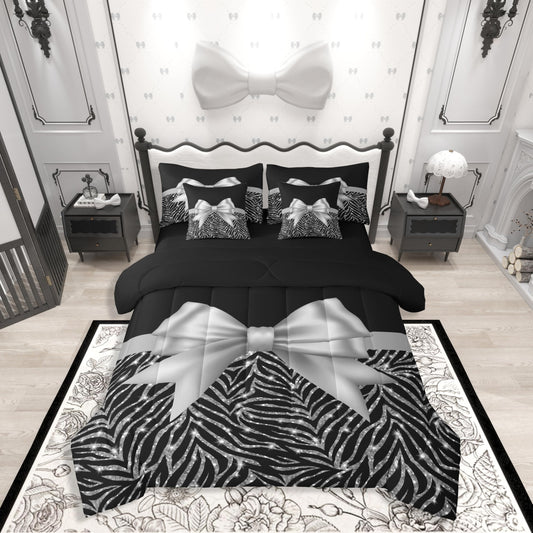 Feelyou Silver Bowknot 7 Piece Bedding Set Queen Size Glitter Print Comforter Set with Sheets for Kids Girls Adult Cute Bowknot Bed in a Bag Black Silver Bed Set
